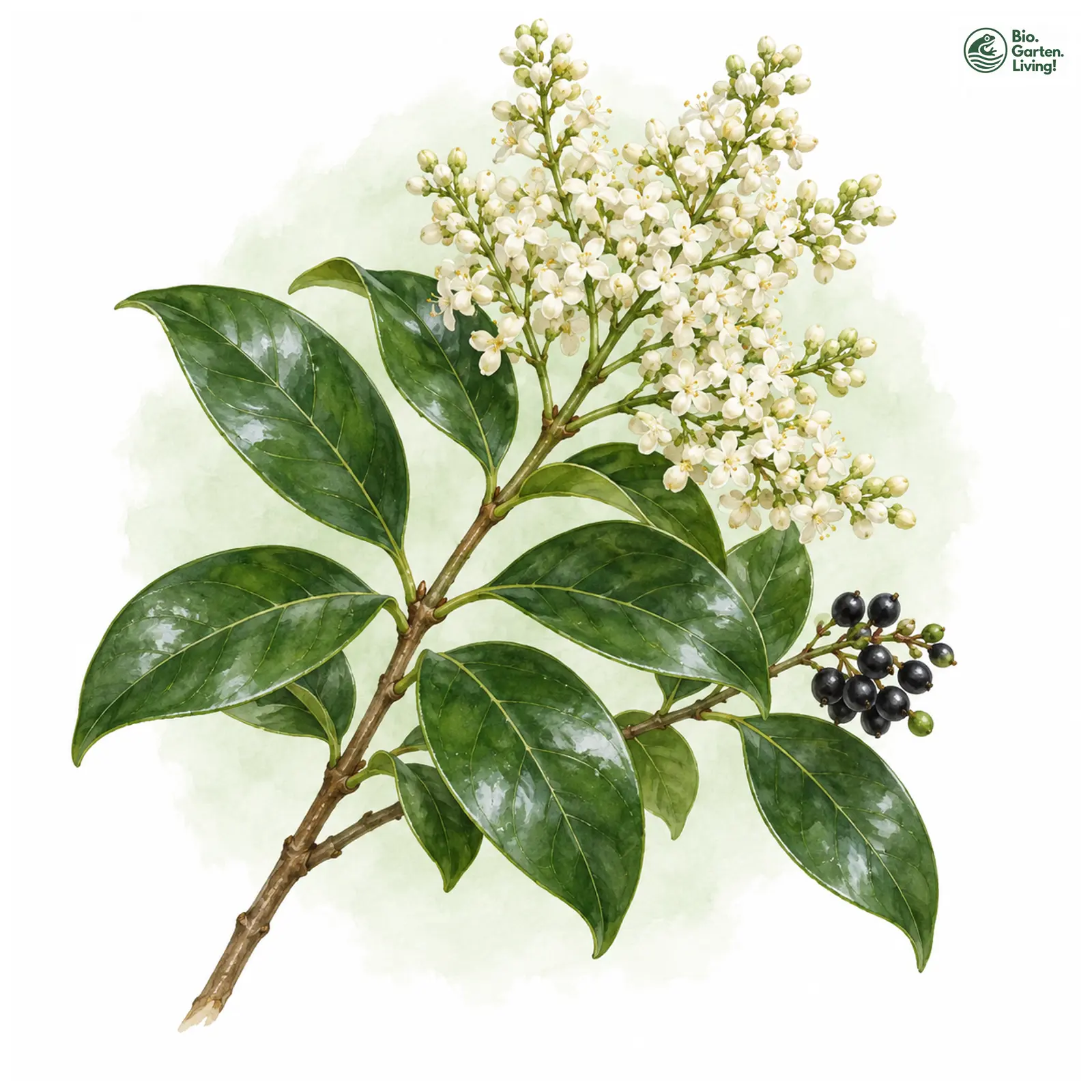 Aquarellzeichnung: Glänzender Liguster (Ligustrum lucidum)