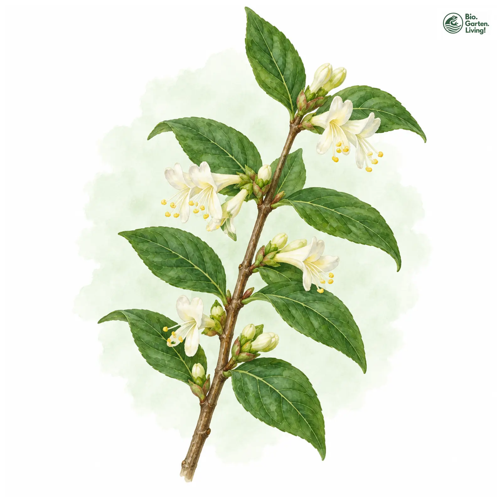 Aquarellzeichnung: Wohlriechende Heckenkirsche (Lonicera fragrantissima)