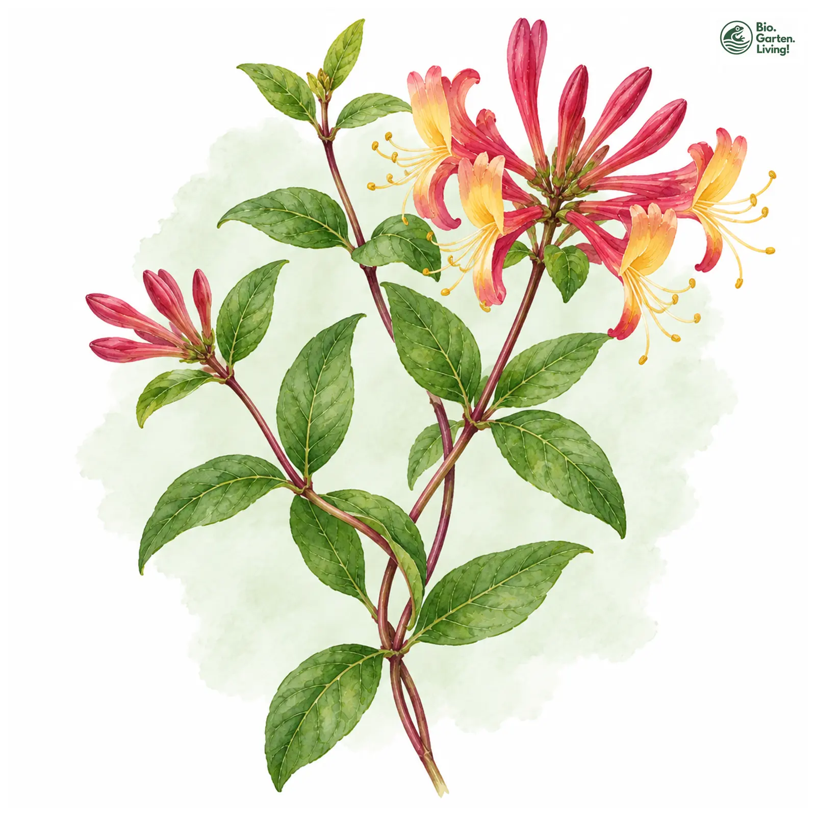 Aquarellzeichnung: Heckrotts Geißblatt (Lonicera × heckrottii)