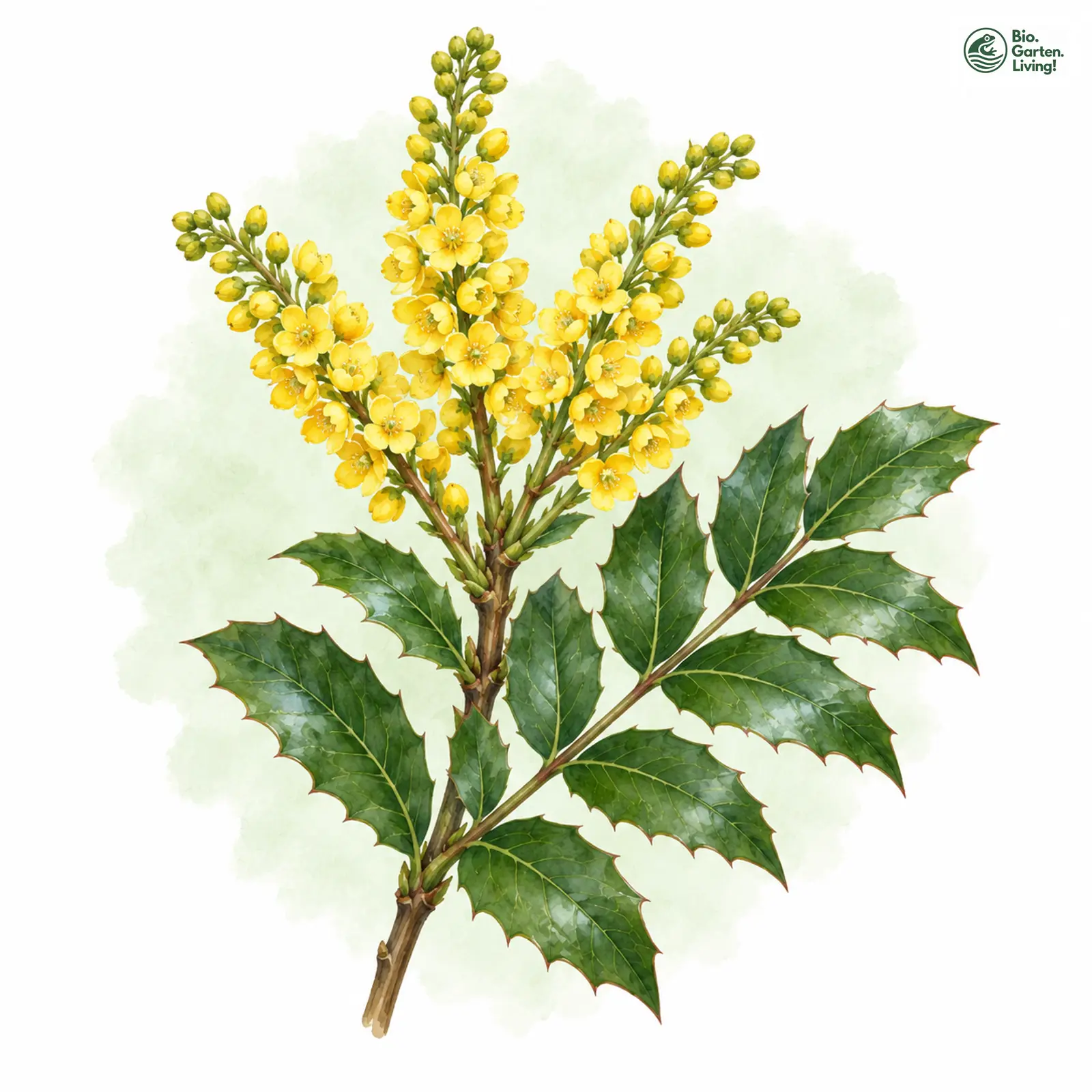 Aquarellzeichnung: Mahonie (Mahonia aquifolium)