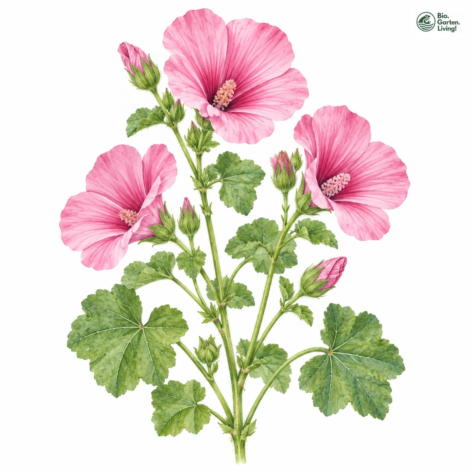 Aquarellzeichnung: Bechermalve (Malva trimestris)