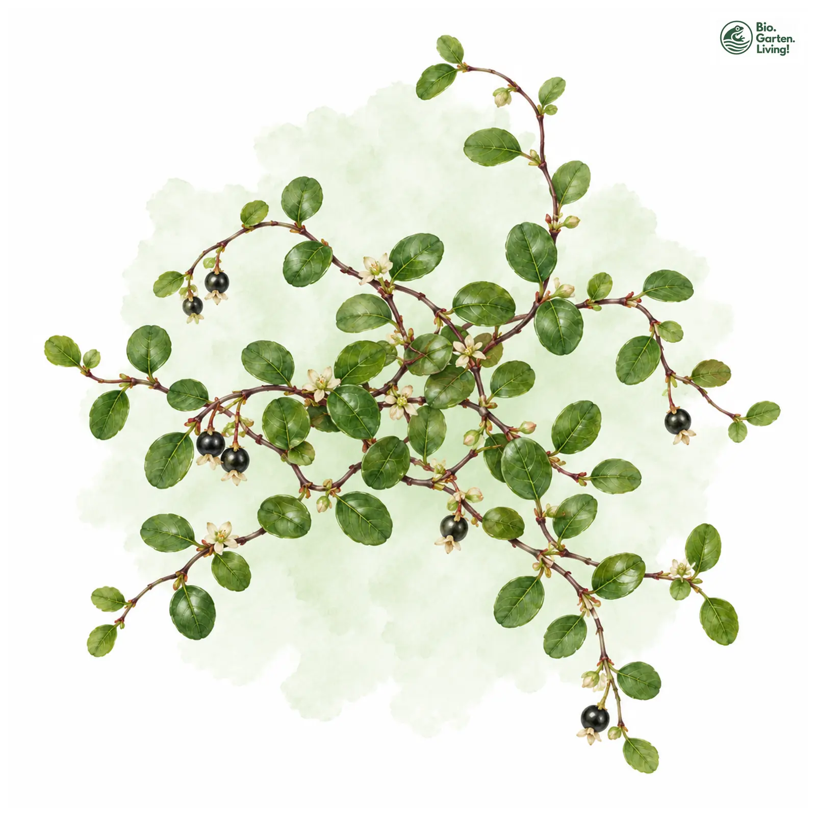 Aquarellzeichnung: Schwarzfrüchtiger Drahtstrauch (Muehlenbeckia axillaris)