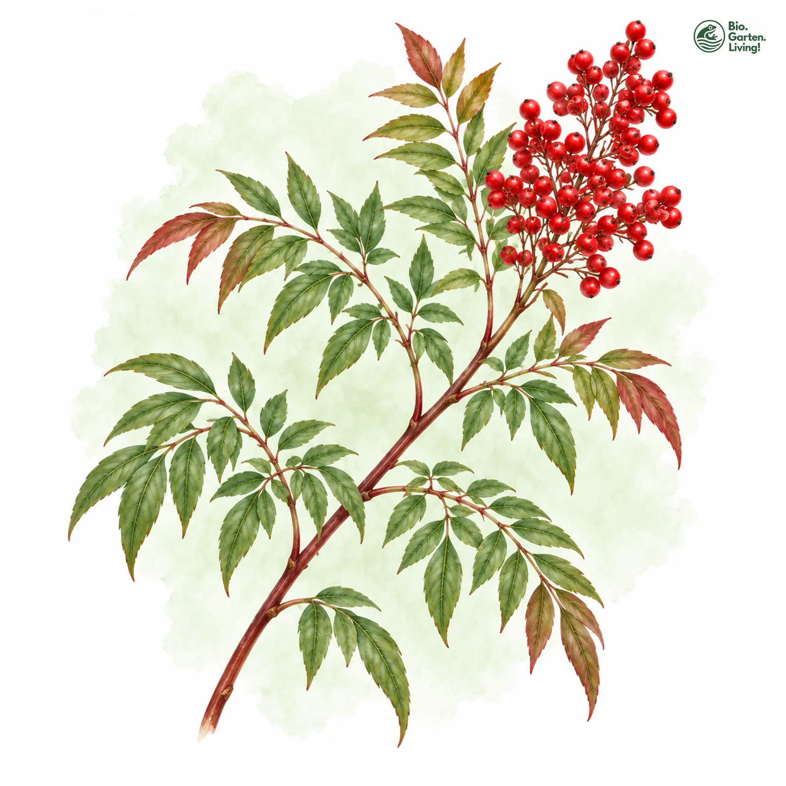 Aquarellzeichnung: Himmelsbambus (Nandina domestica)