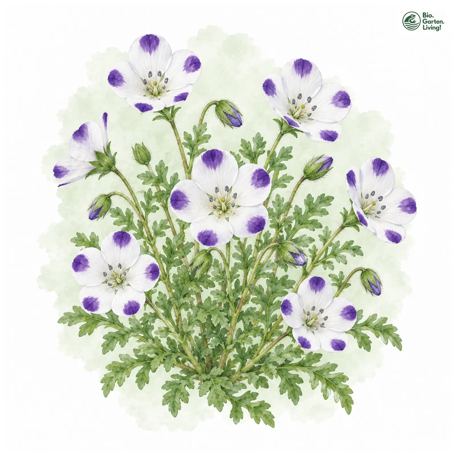 Aquarellzeichnung: Hainblume (Nemophila maculata)