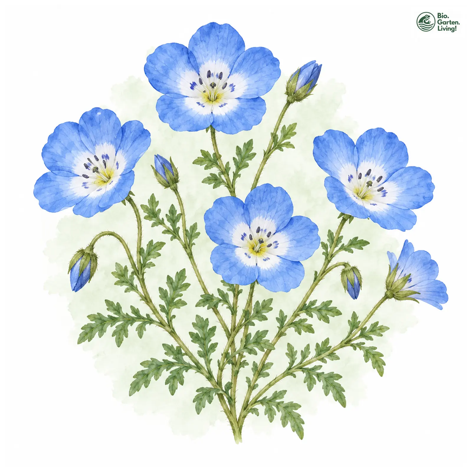 Aquarellzeichnung: Liebeshainblume (Nemophila menziesii)