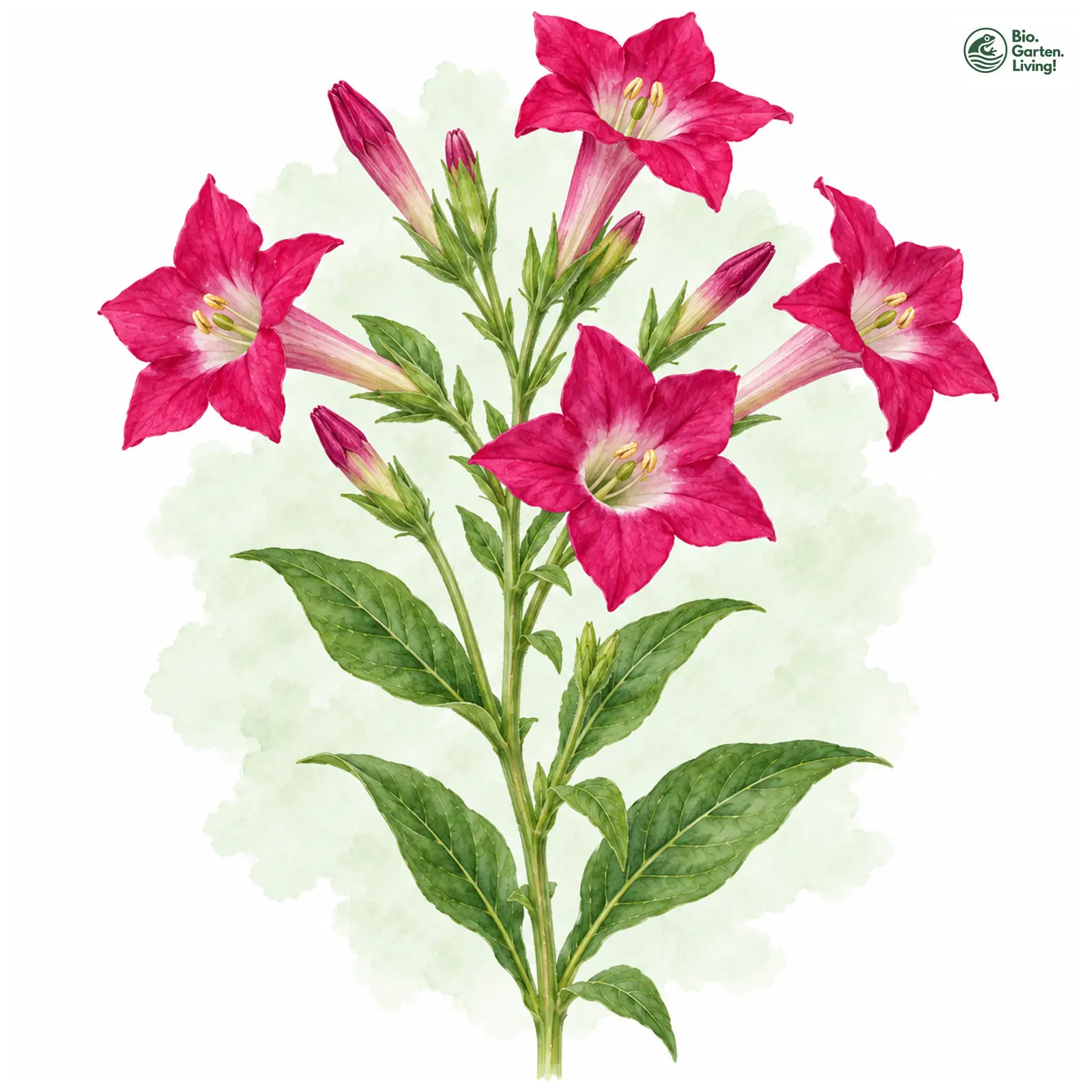 Aquarellzeichnung: Ziertabak (Nicotiana × sanderae)