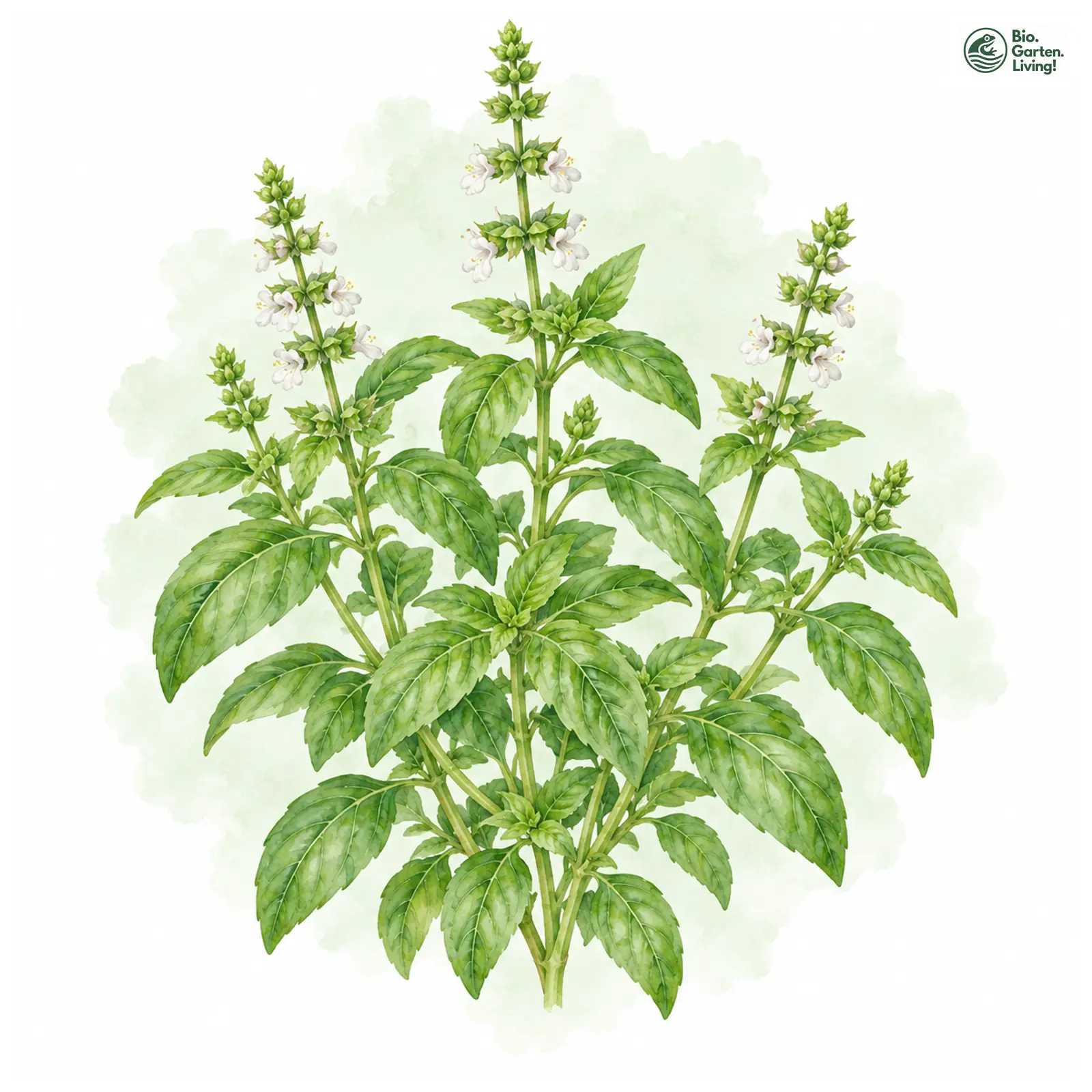 Aquarellzeichnung: Basilikum (Ocimum basilicum)