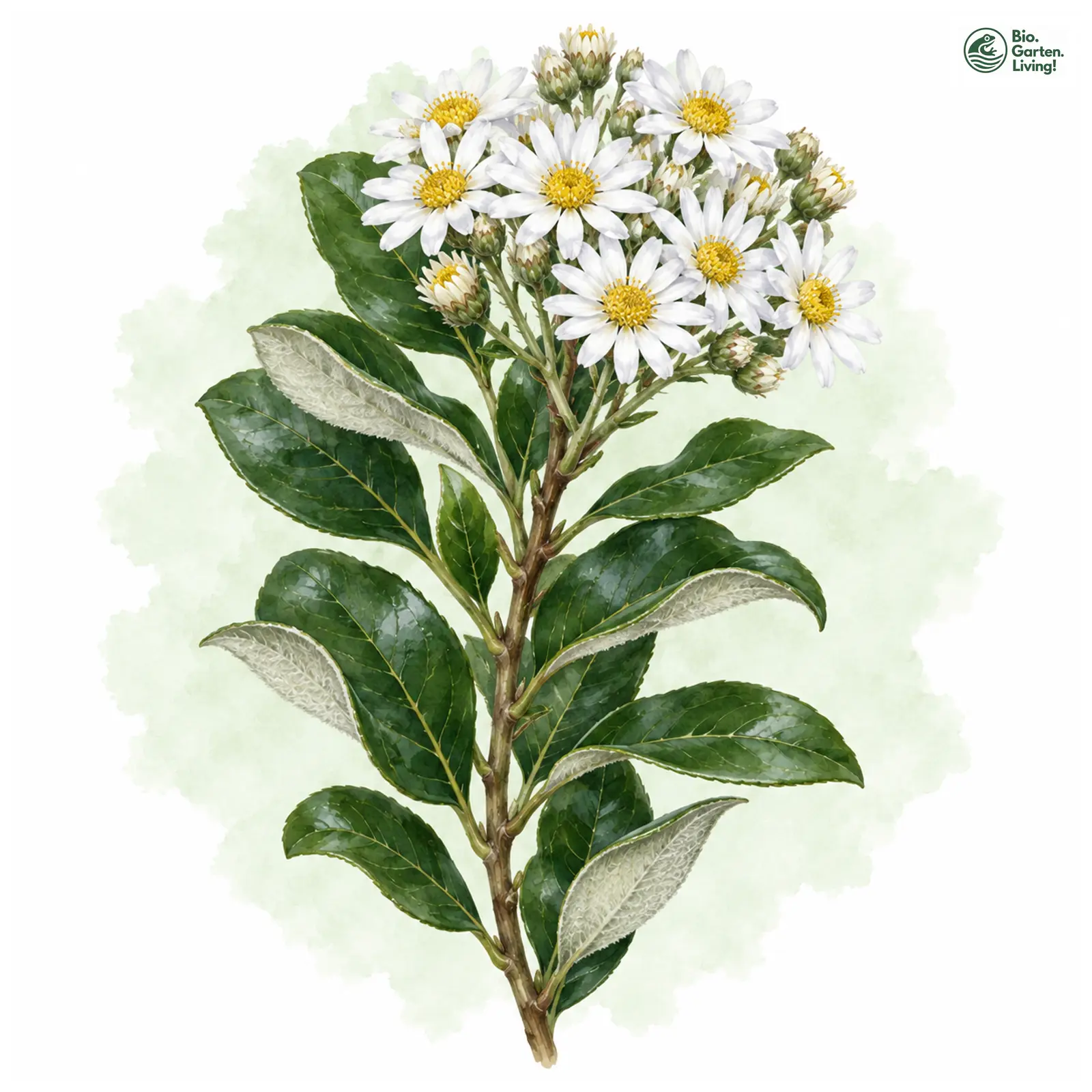 Aquarellzeichnung: Gänseblümchenstrauch (Olearia haastii)