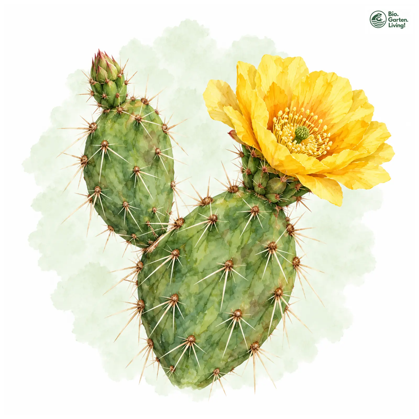 Aquarellzeichnung: Vieldorniger Feigenkaktus (Opuntia polyacantha)