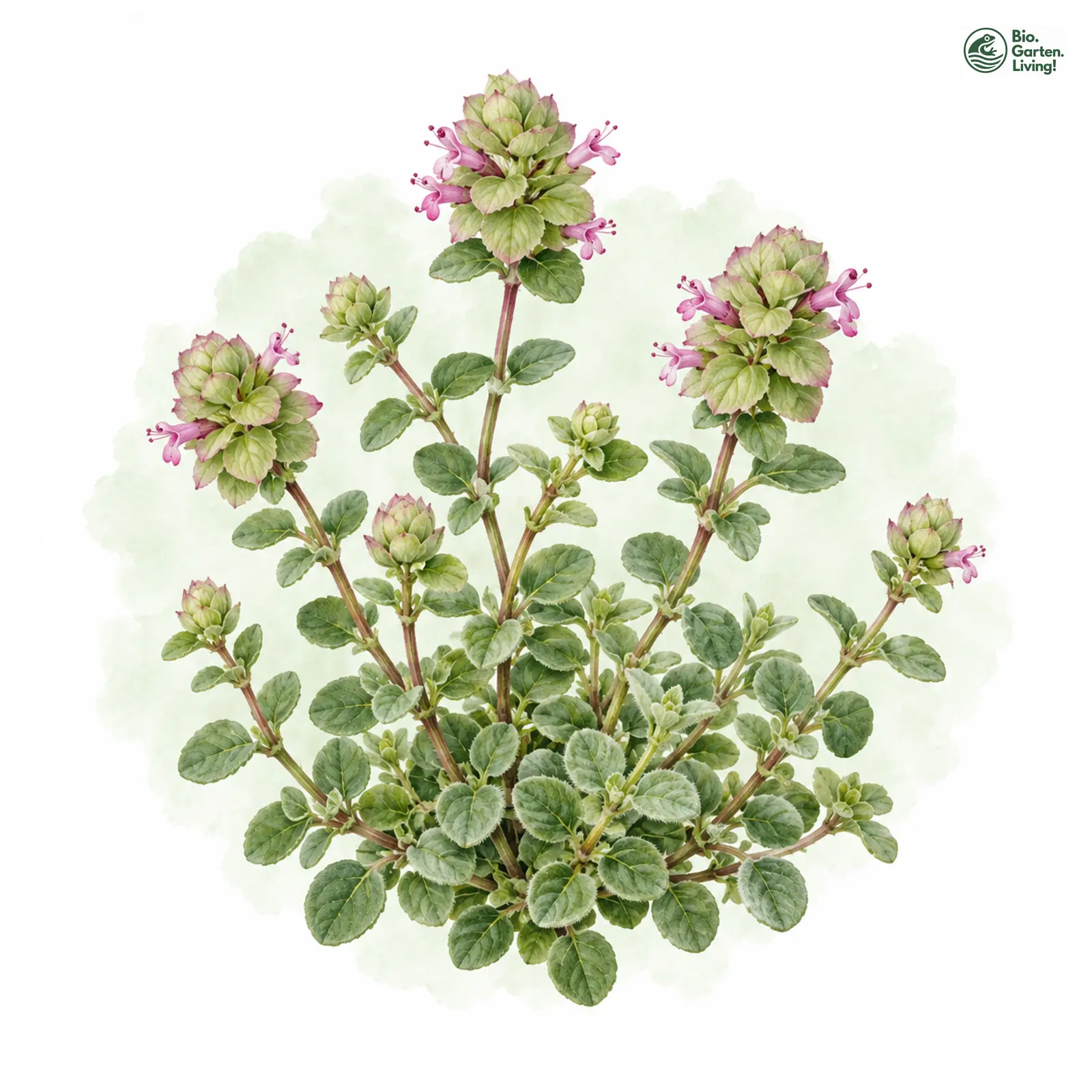 Aquarellzeichnung: Rundblättriger Dost (Origanum rotundifolium)