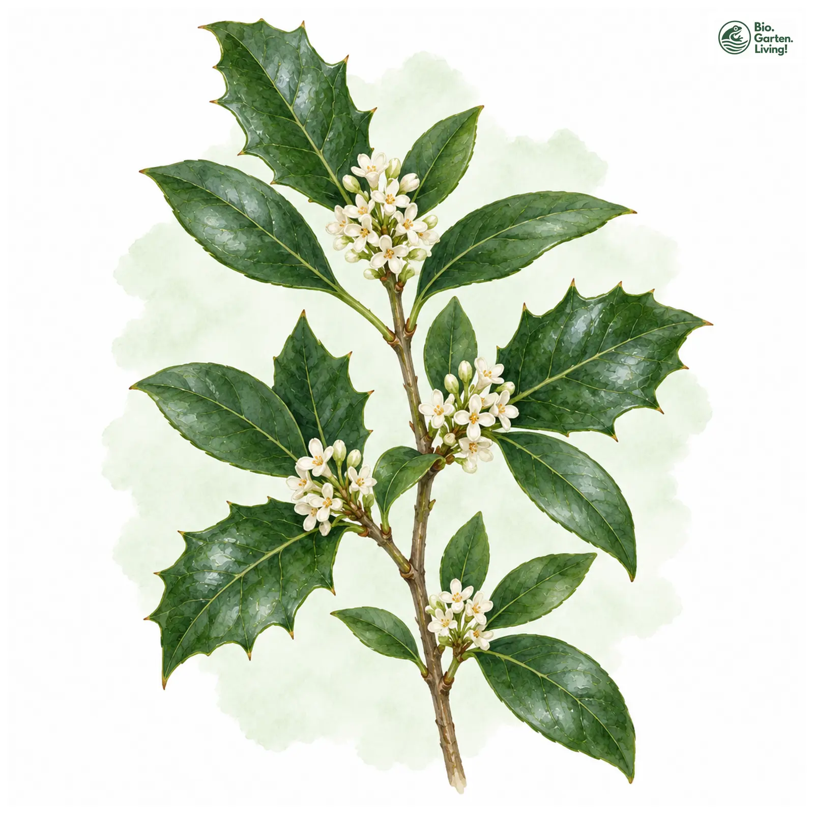 Aquarellzeichnung: Stachelblättrige Duftblüte (Osmanthus heterophyllus)