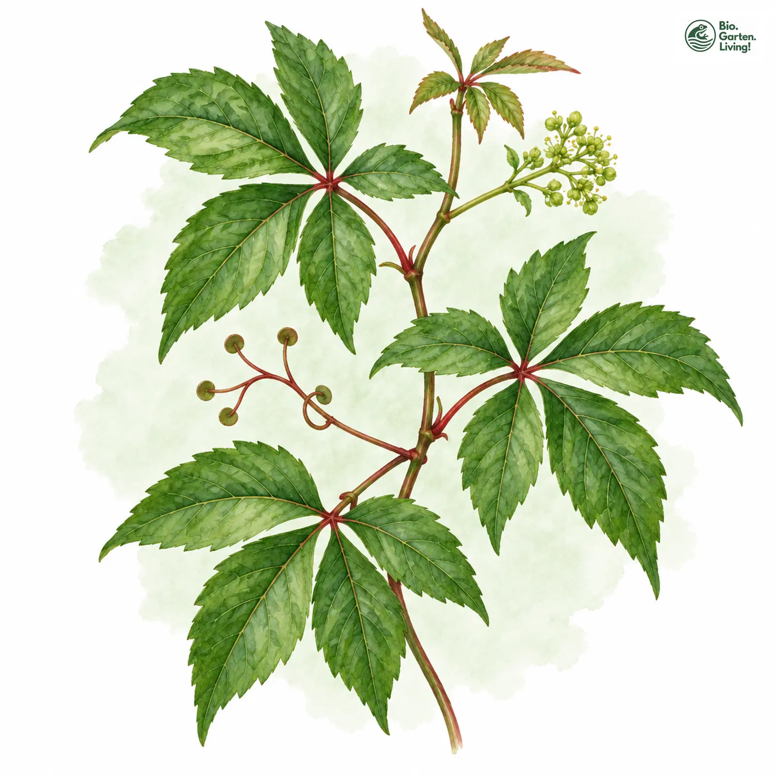 Aquarellzeichnung: Selbstkletternde Jungfernrebe (Parthenocissus quinquefolia)