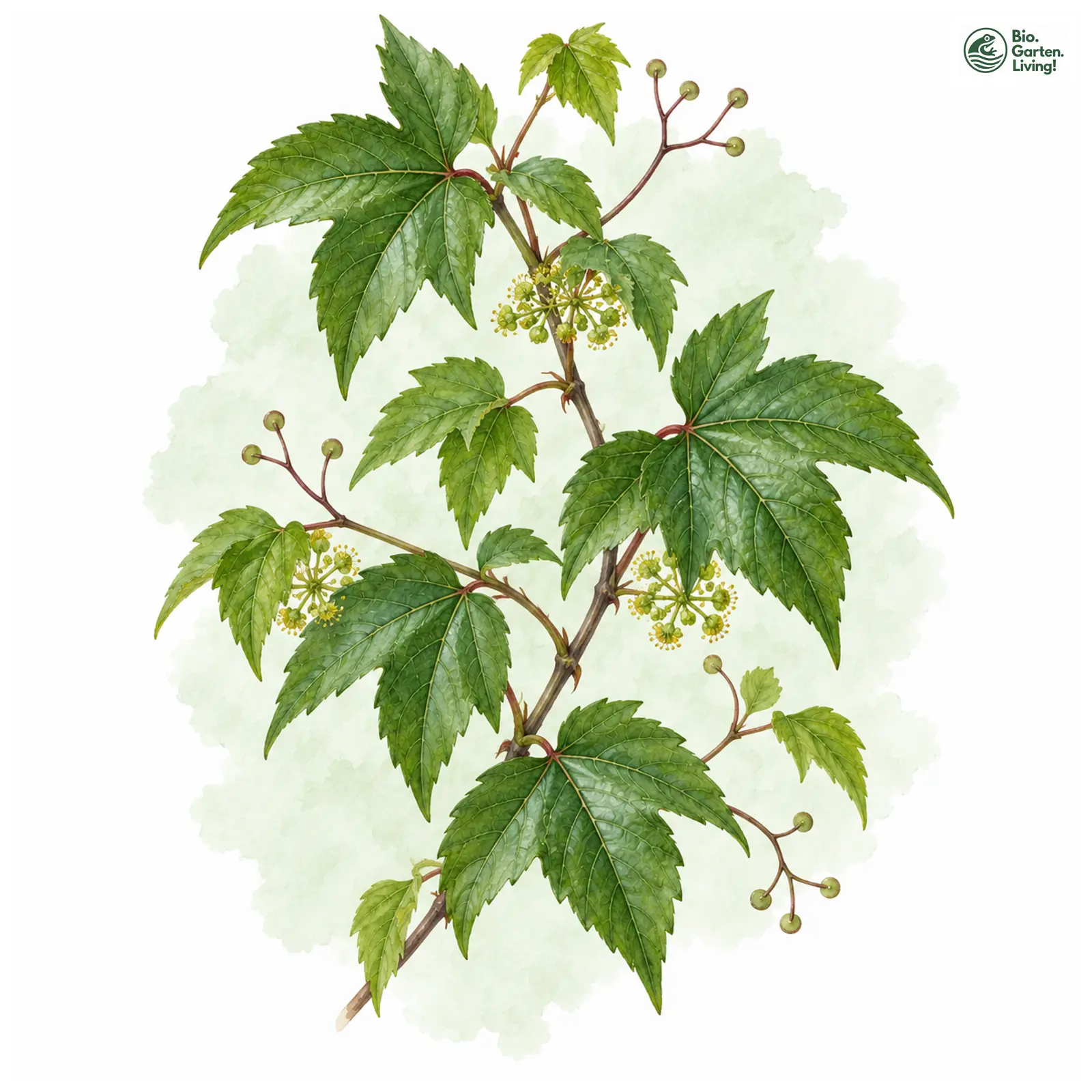 Aquarellzeichnung: Dreispitzige Jungfernrebe (Parthenocissus tricuspidata)