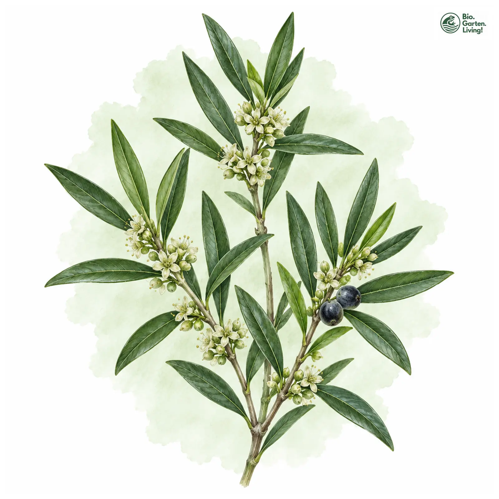 Aquarellzeichnung: Schmalblättrige Steinlinde (Phillyrea angustifolia)