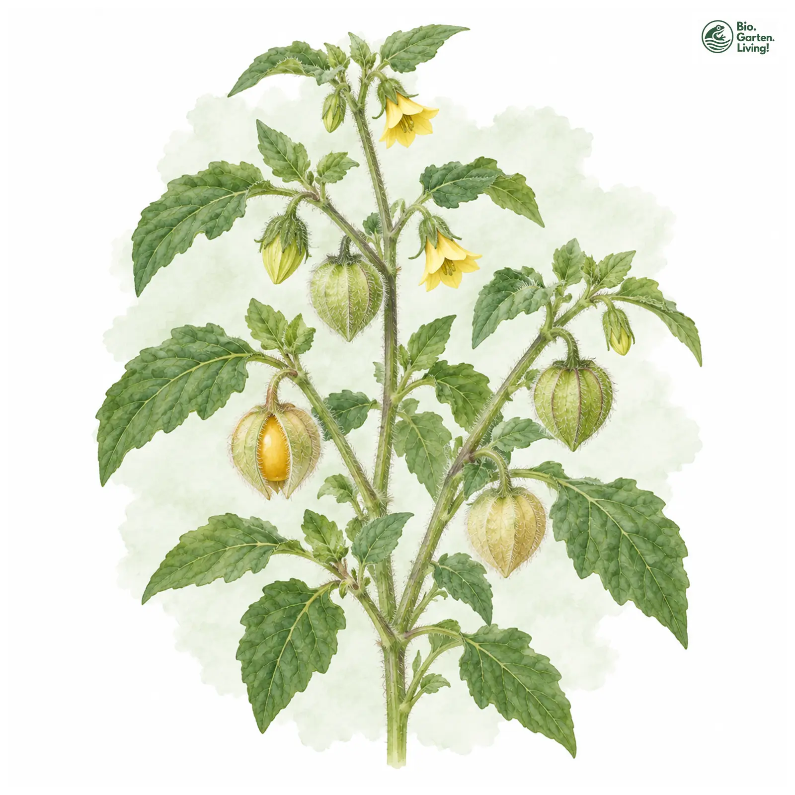 Aquarellzeichnung: Ananaskirsche (Physalis pruinosa)