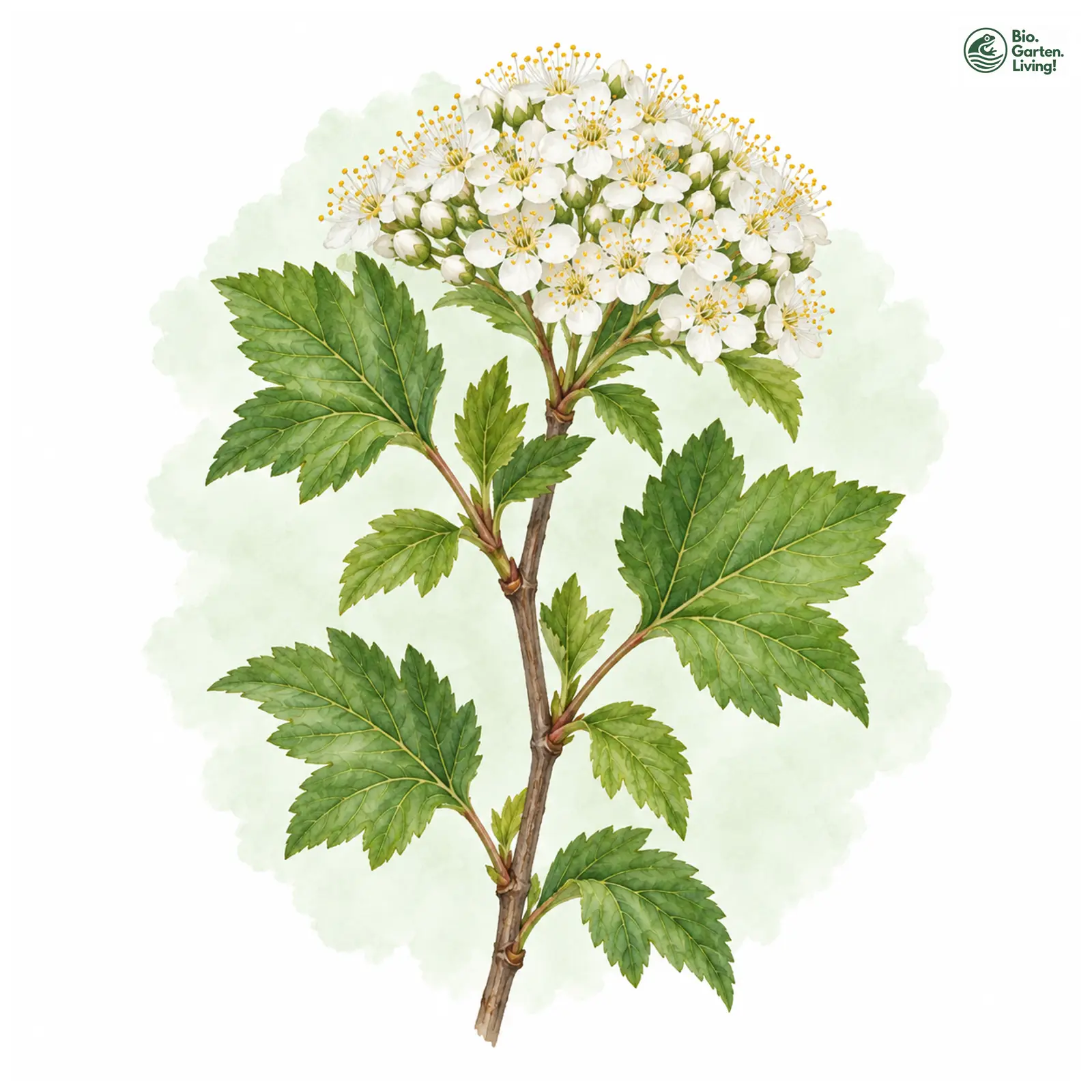 Aquarellzeichnung: Schneeballblättrige Blasenspiere (Physocarpus opulifolius)