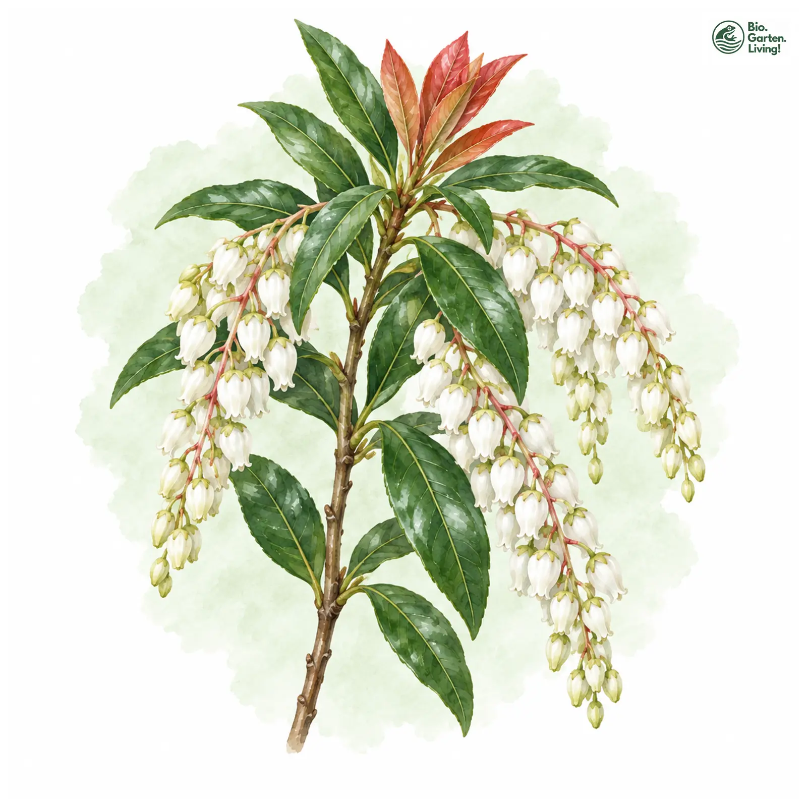 Aquarellzeichnung: Japanische Lavendelheide (Pieris japonica)
