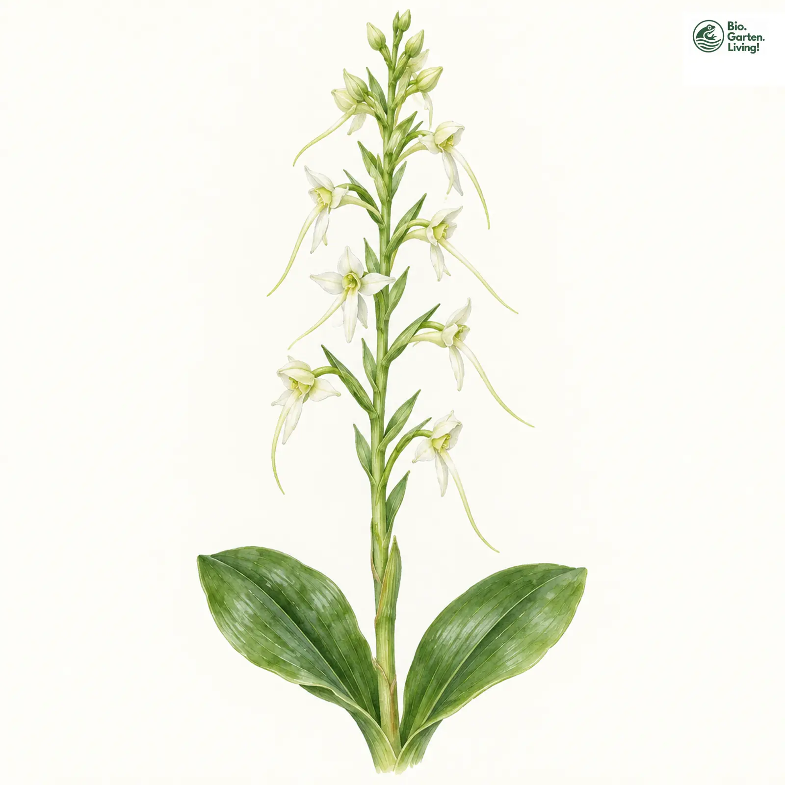 Aquarellzeichnung: Weiße Waldhyazinthe (Platanthera fornicata)