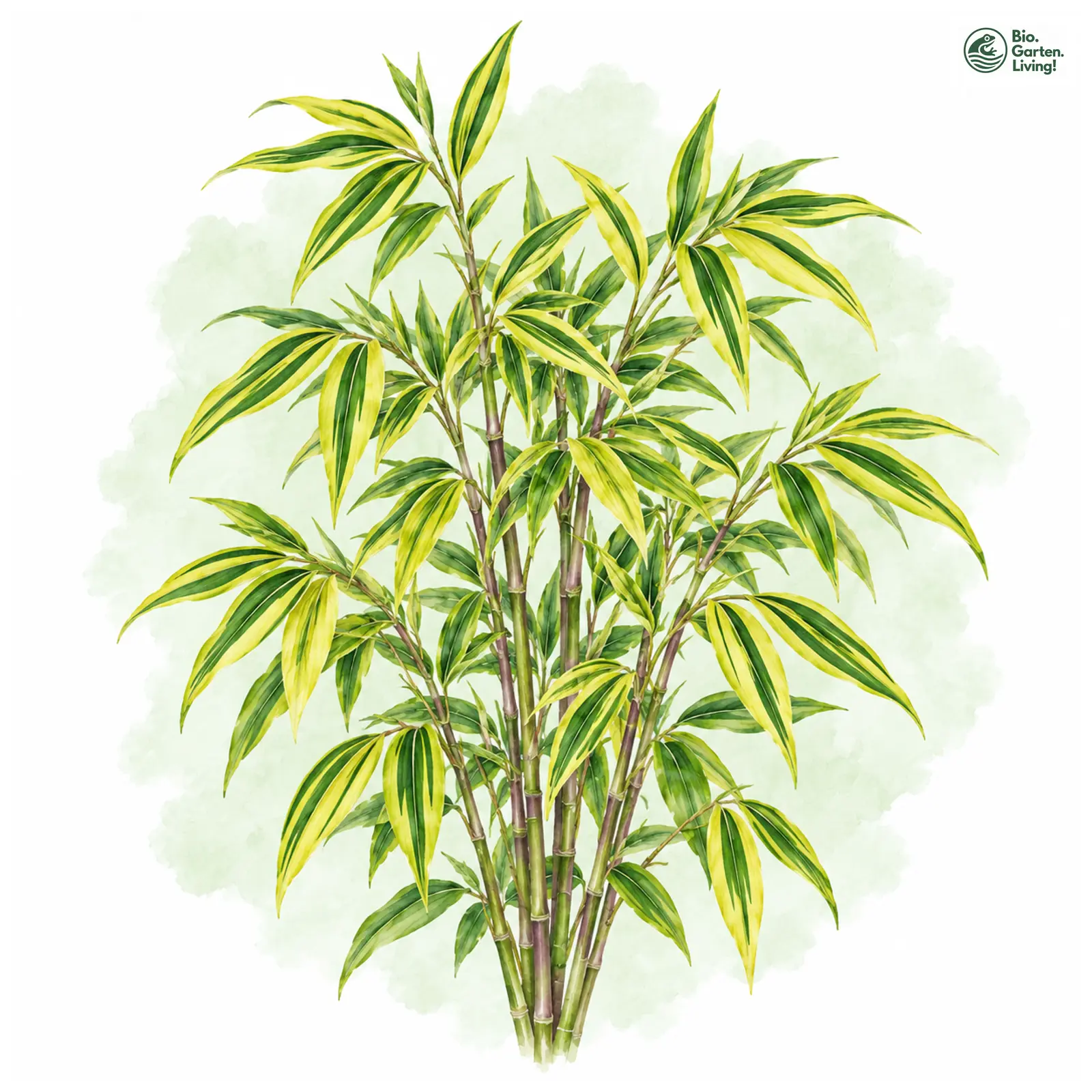 Aquarellzeichnung: Kamurobambus (Pleioblastus viridistriatus)