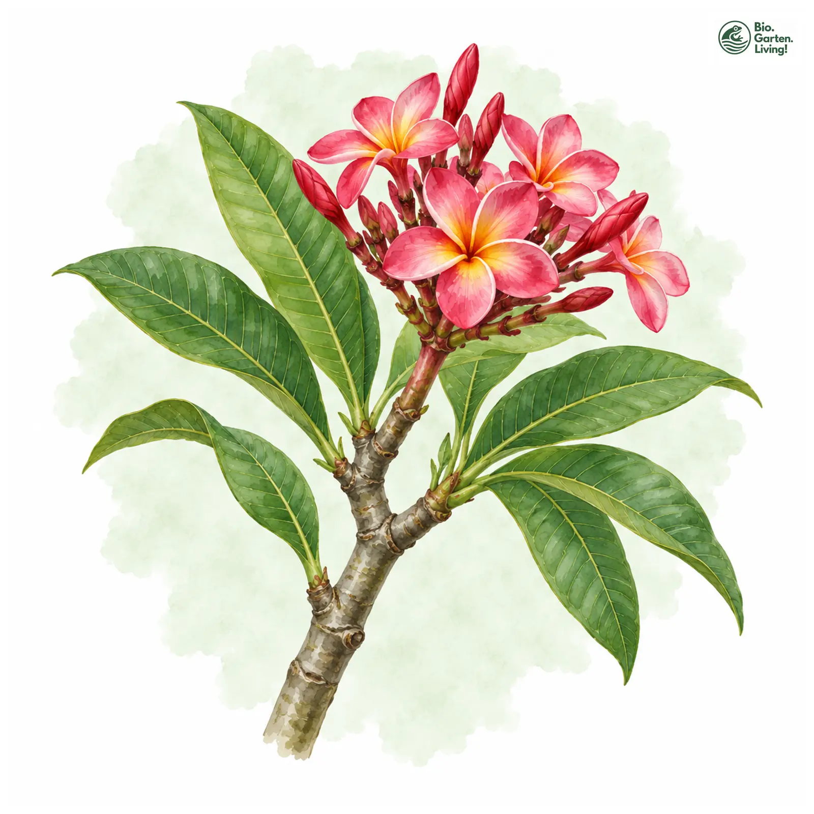 Aquarellzeichnung: Rote Frangipani (Plumeria rubra)
