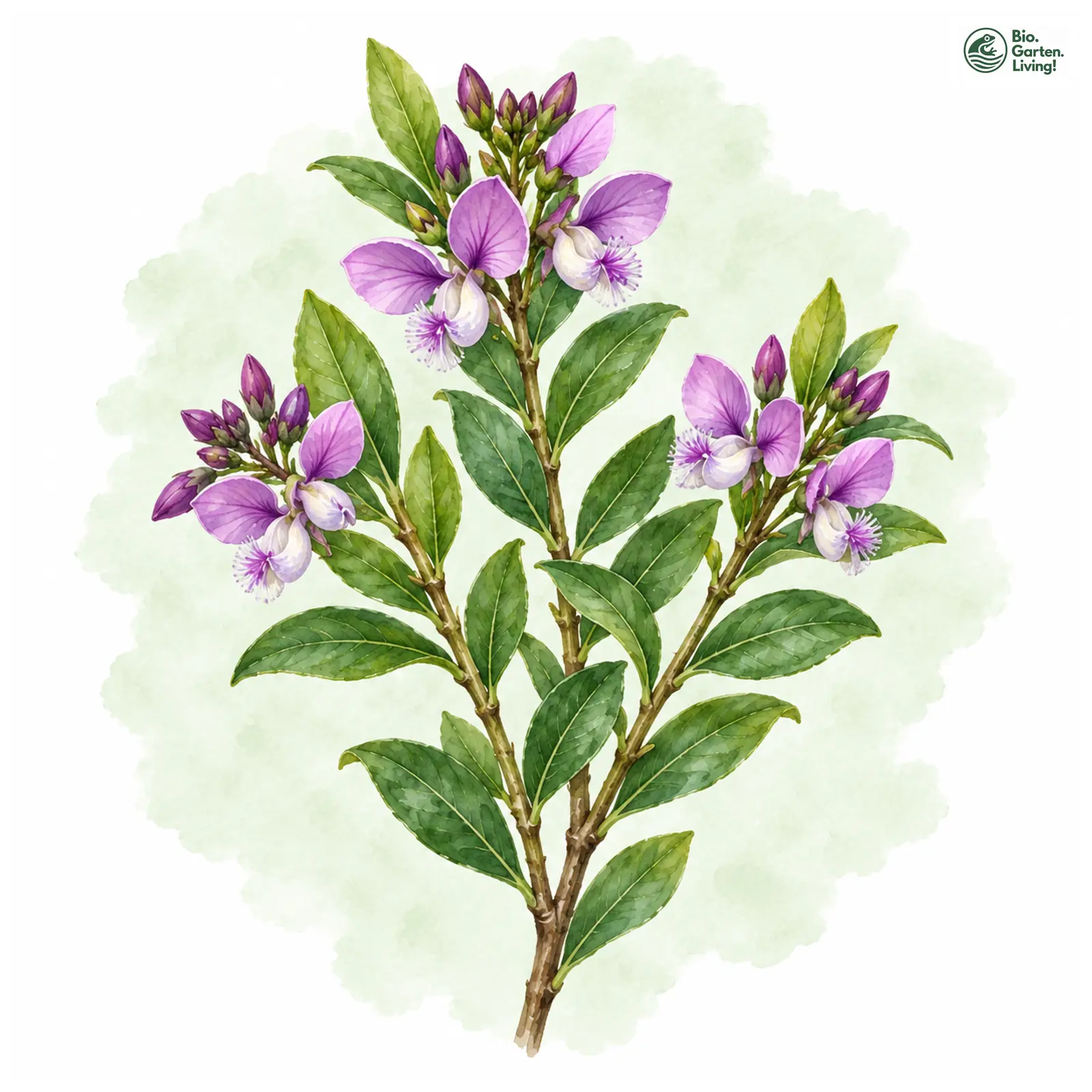 Aquarellzeichnung: Myrtenblättrige Kreuzblume (Polygala myrtifolia)