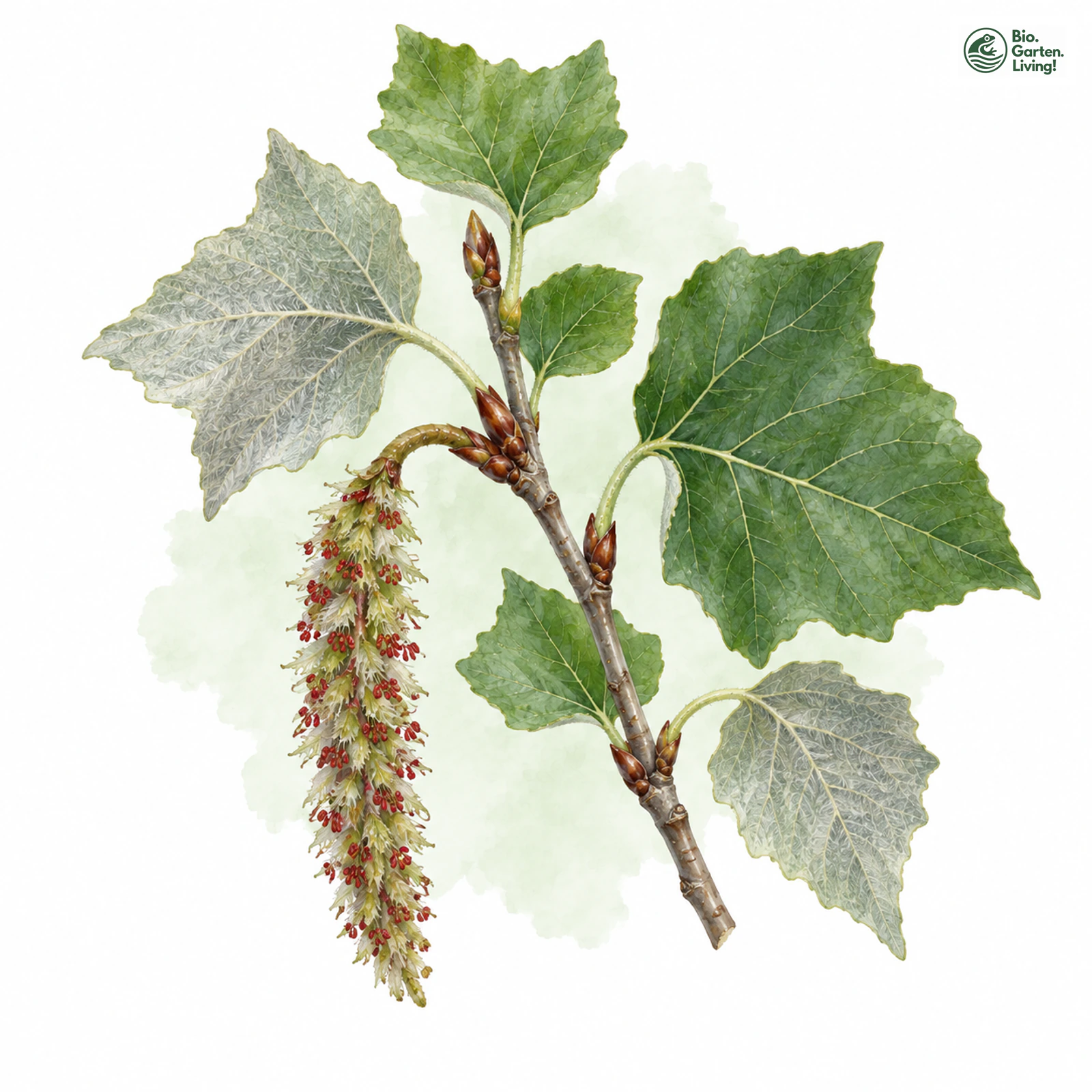 Aquarellzeichnung: Grau-Pappel (Populus canescens)