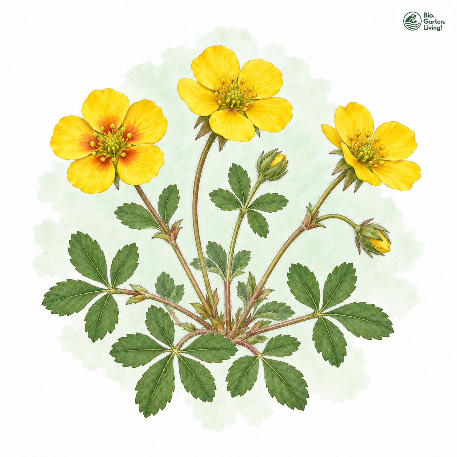 Aquarellzeichnung: Zottiges Fingerkraut (Potentilla crantzii)
