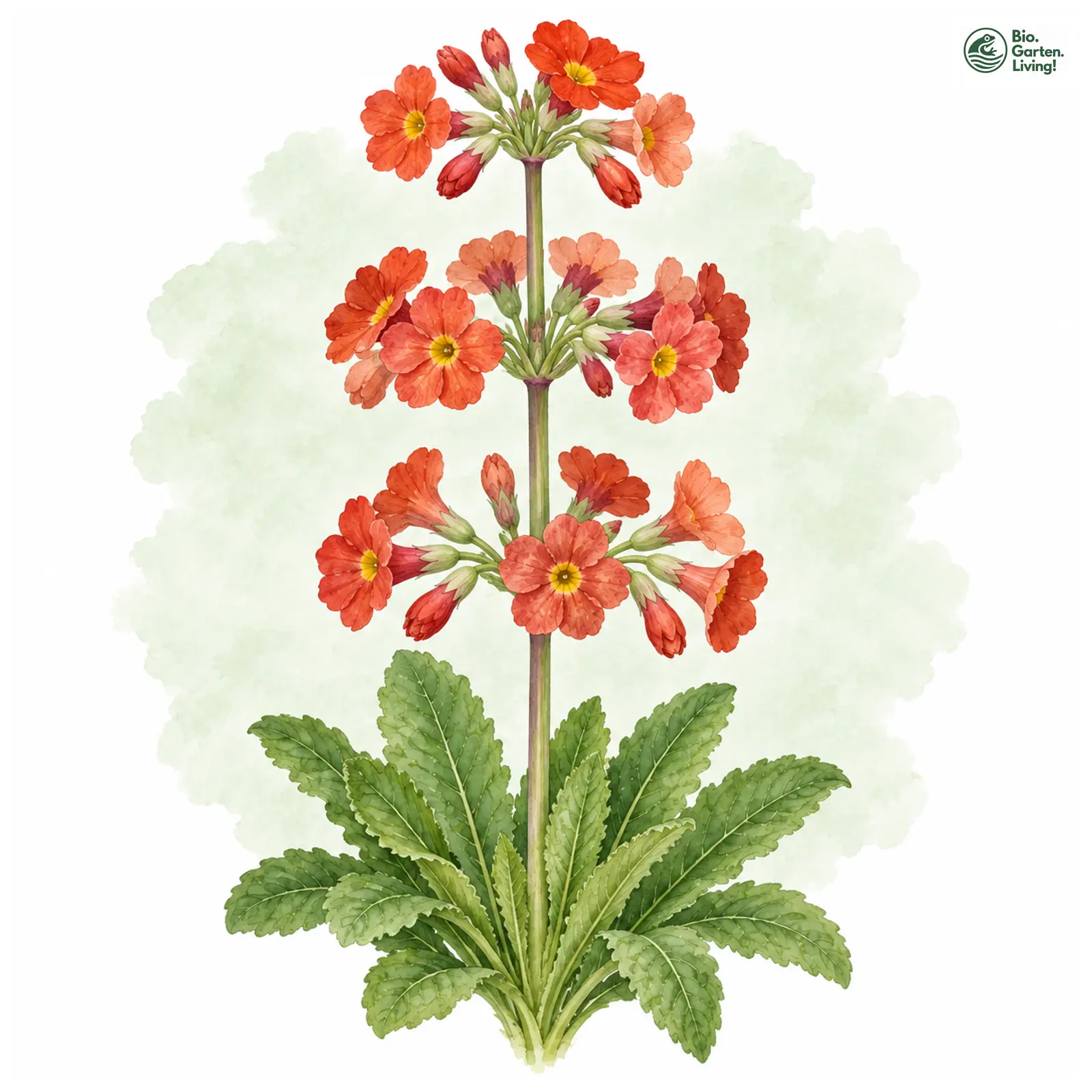 Aquarellzeichnung: Terrakotta Etagen-Primel (Primula × bullesiana)