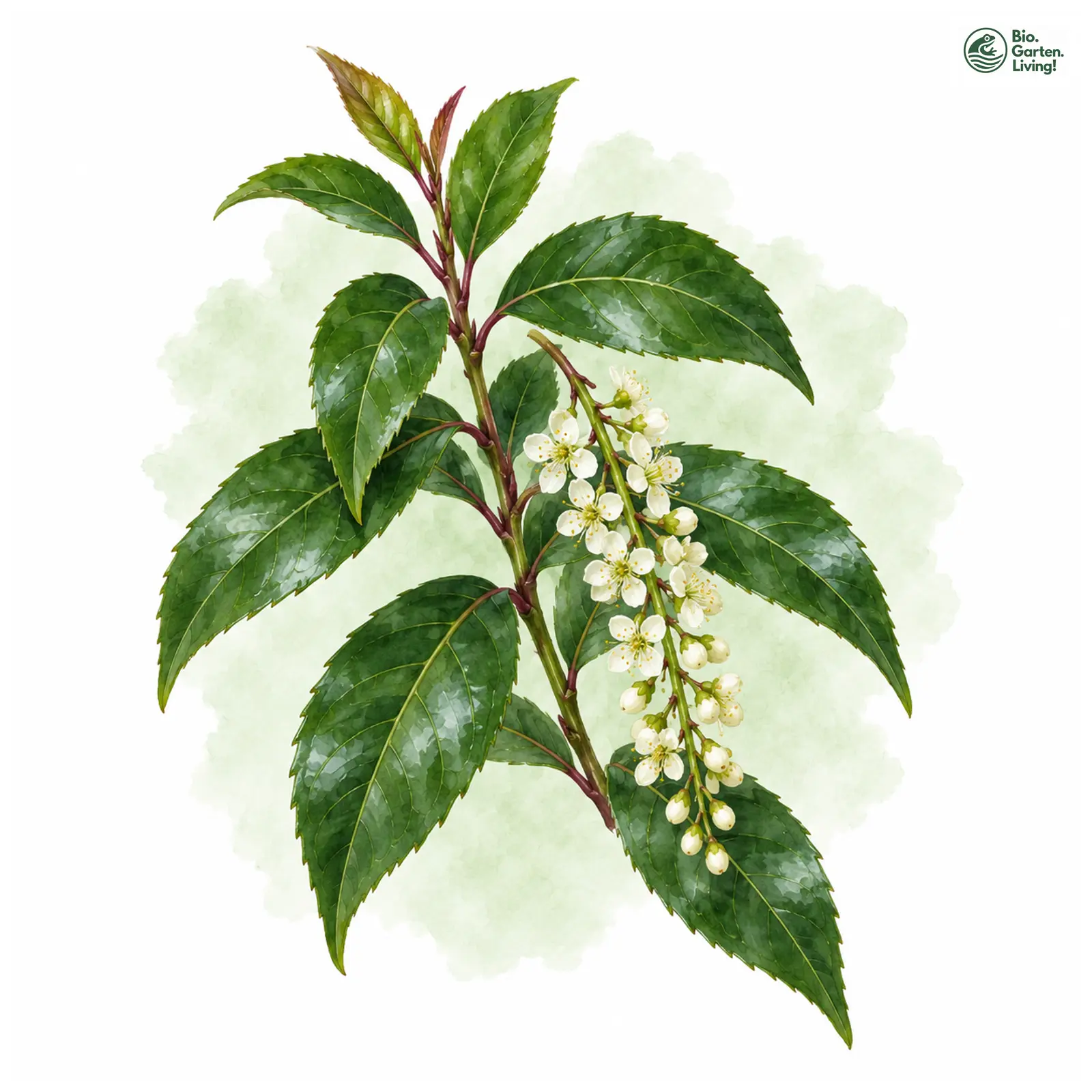 Aquarellzeichnung: Portugiesische Lorbeer-Kirsche (Prunus lusitanica)