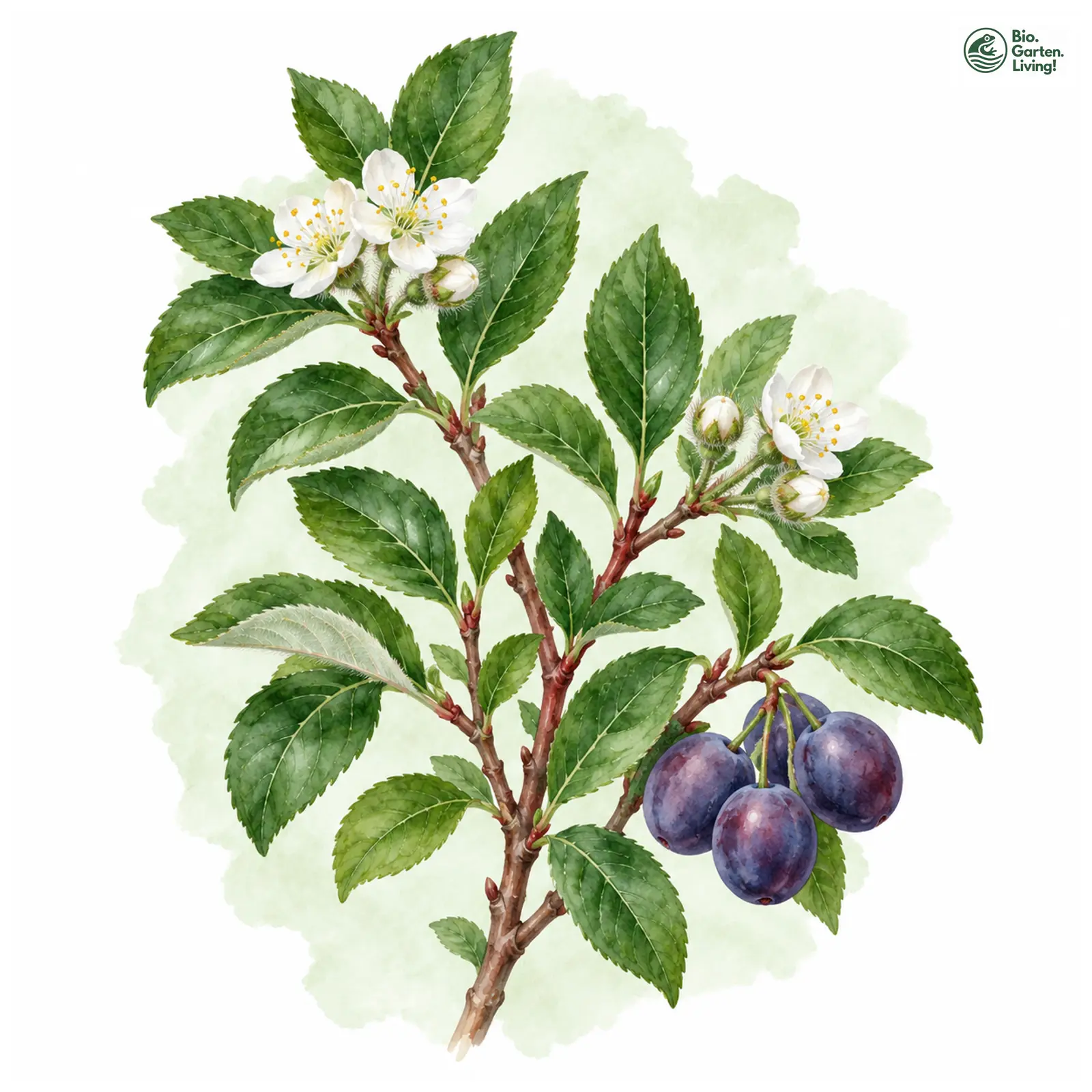 Aquarellzeichnung: Strandpflaume (Prunus maritima)