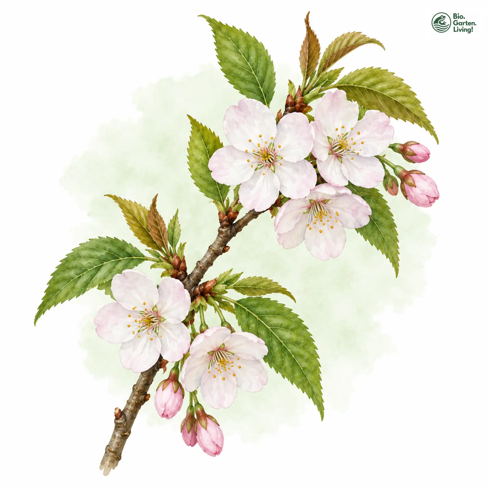 Aquarellzeichnung: Japanische Zierkirsche (Prunus serrulata)