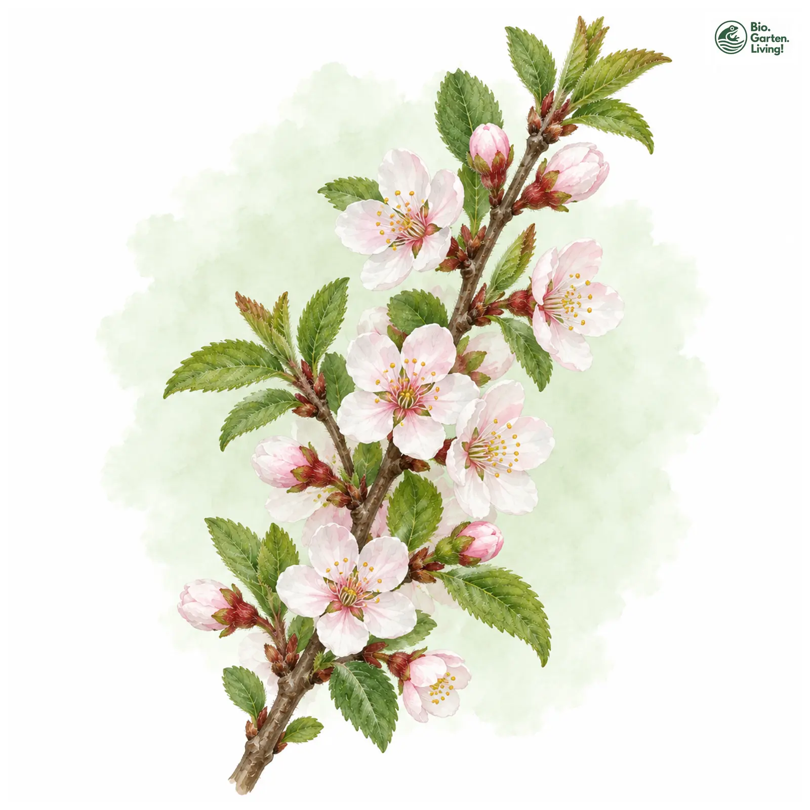 Aquarellzeichnung: Japanische Mandel-Kirsche (Prunus tomentosa)