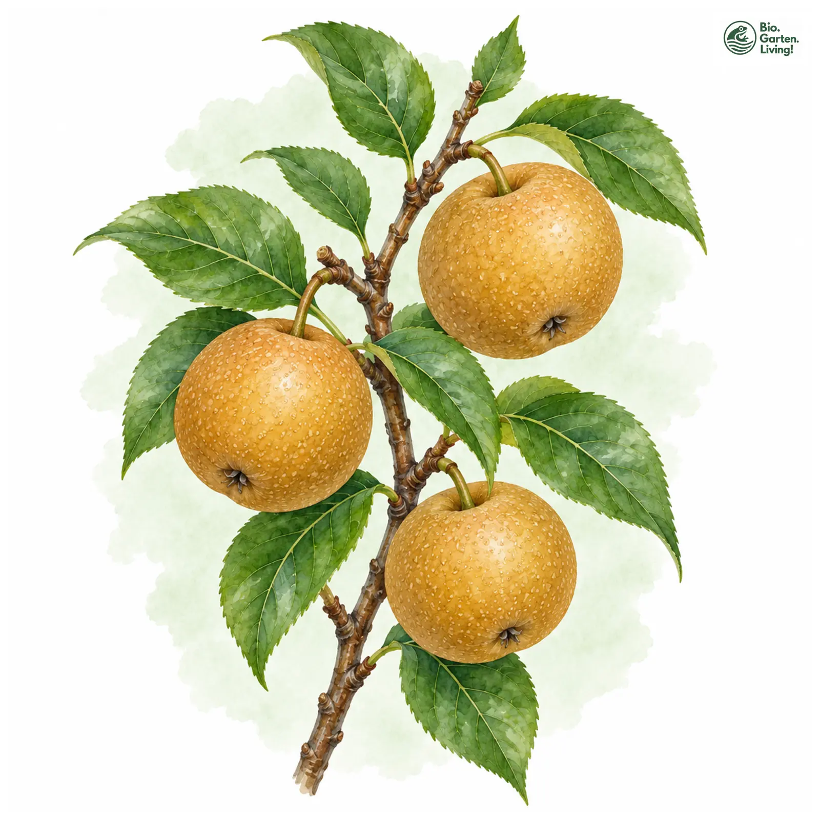 Aquarellzeichnung: Nashi-Birne (Pyrus pyrifolia)