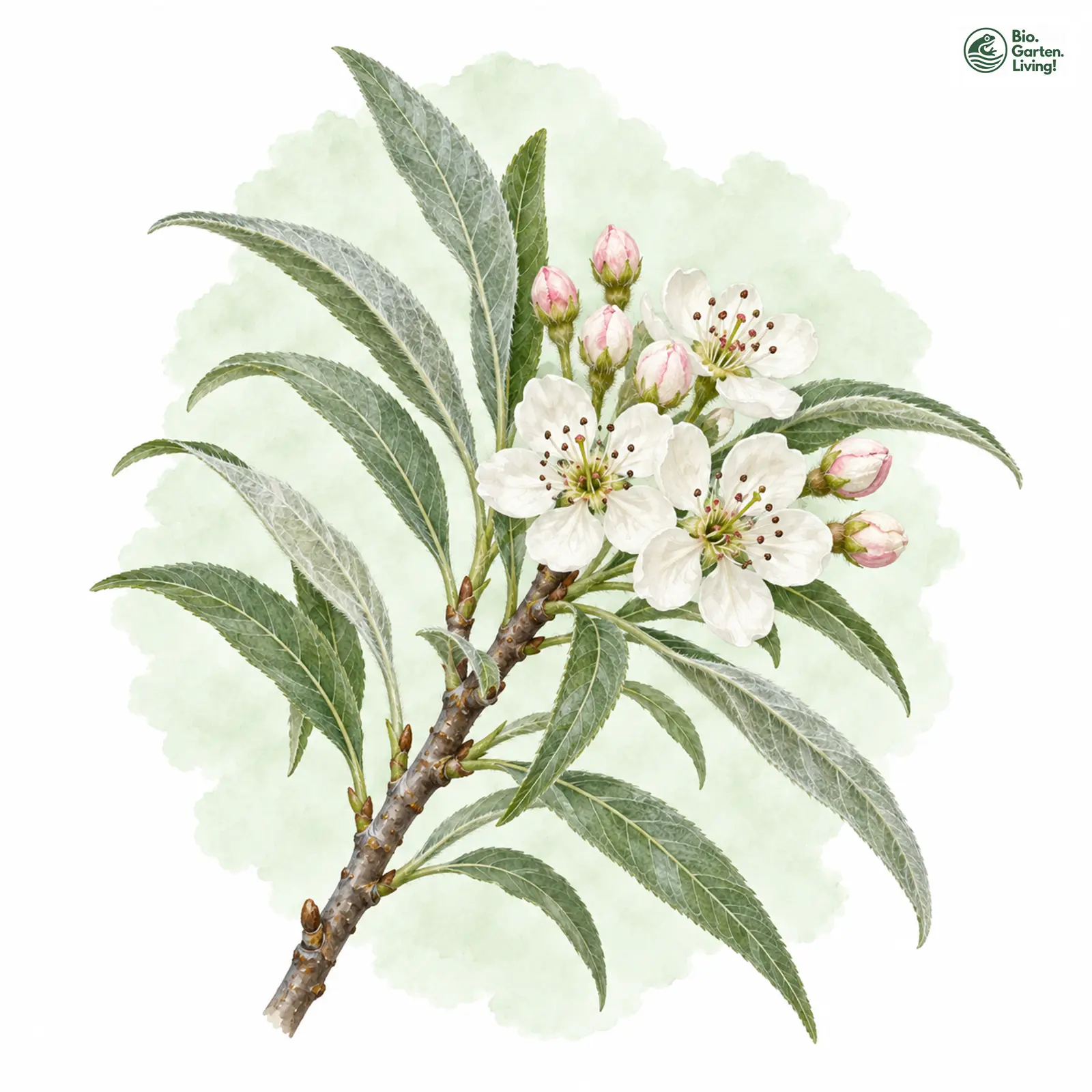 Aquarellzeichnung: Weidenblättrige Birne (Pyrus salicifolia)