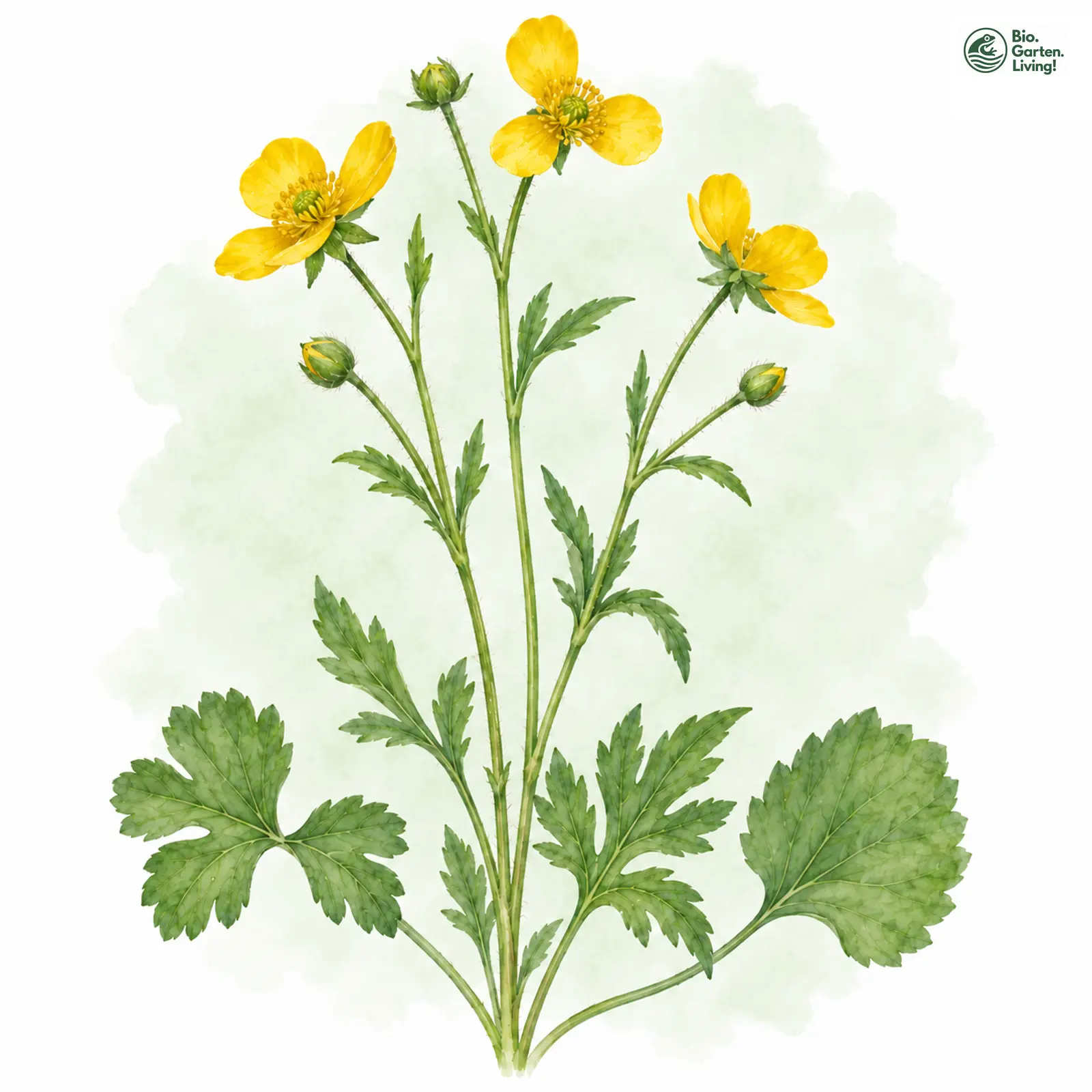 Aquarellzeichnung: Erlenwald-Gold-Hahnenfuß (Ranunculus alnetorum)