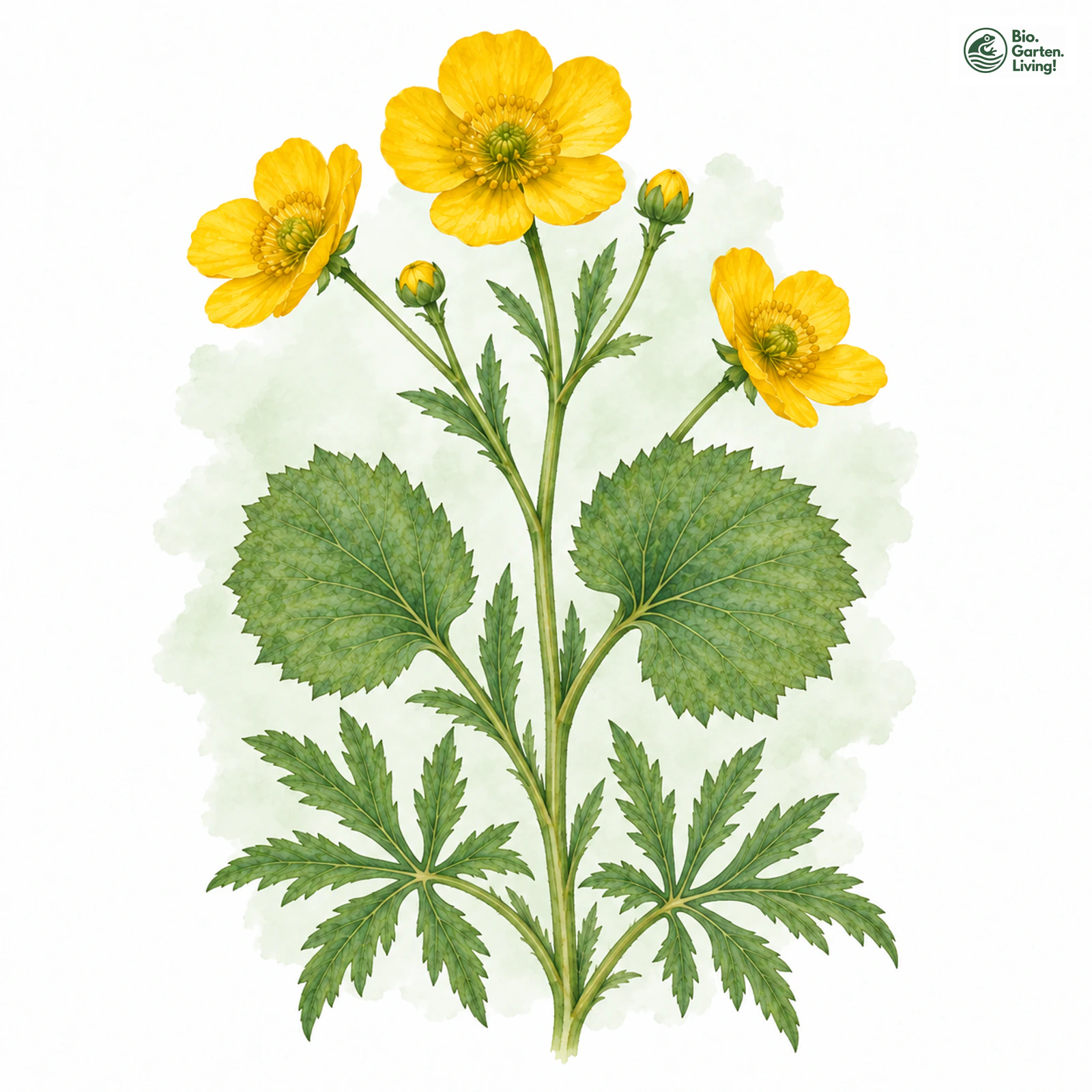 Aquarellzeichnung: Zweigestaltiger Gold-Hahnenfuß (Ranunculus biformis)
