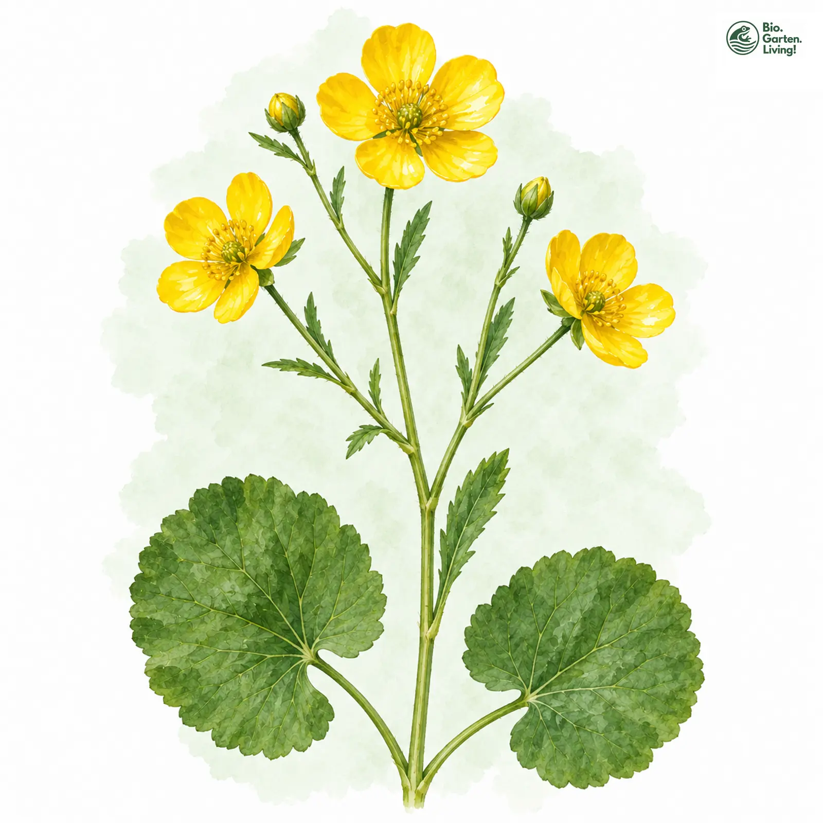 Aquarellzeichnung: Langblättriger Gold-Hahnenfuß (Ranunculus cassubicifolius)