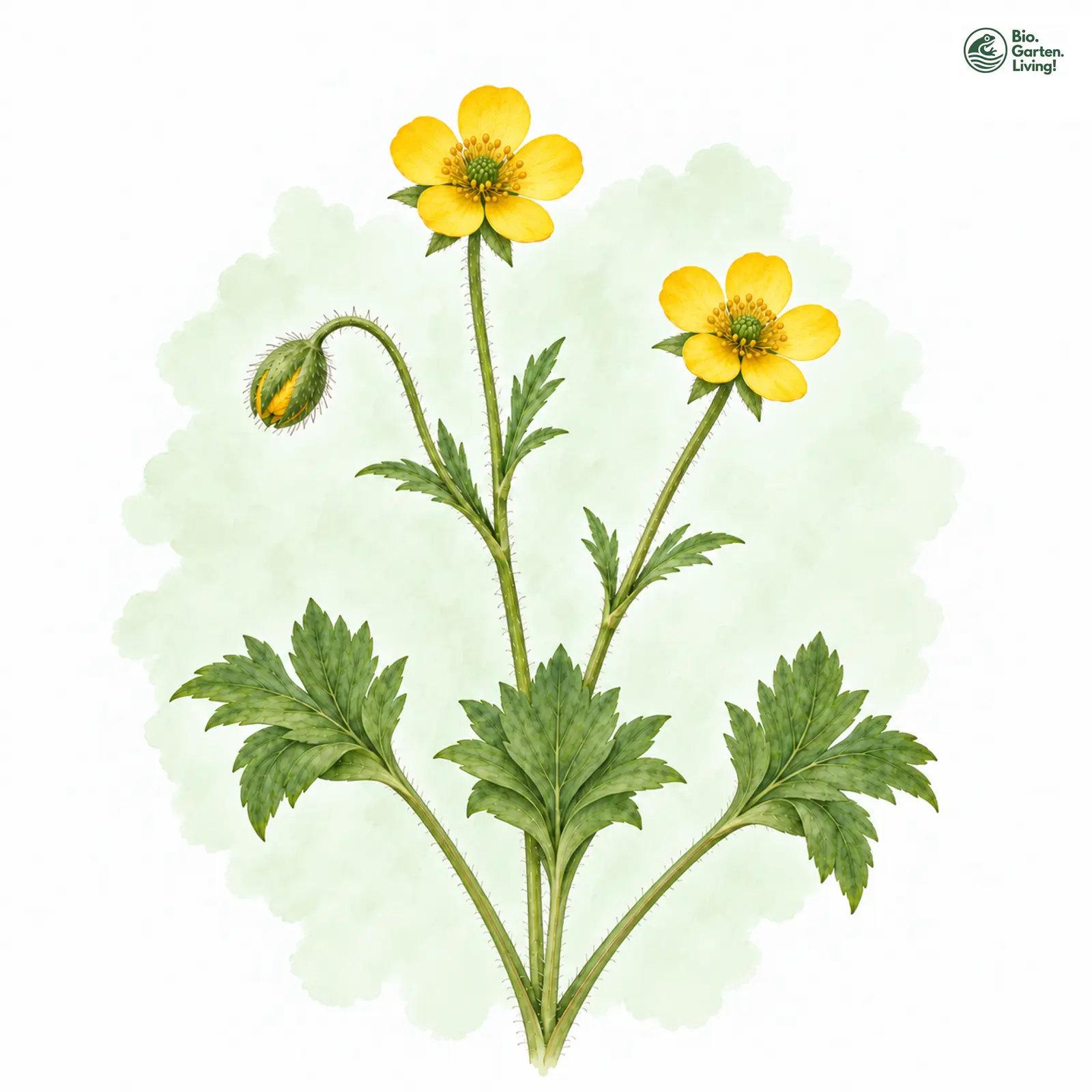 Aquarellzeichnung: Kunze-Gold-Hahnenfuß (Ranunculus kunzii)