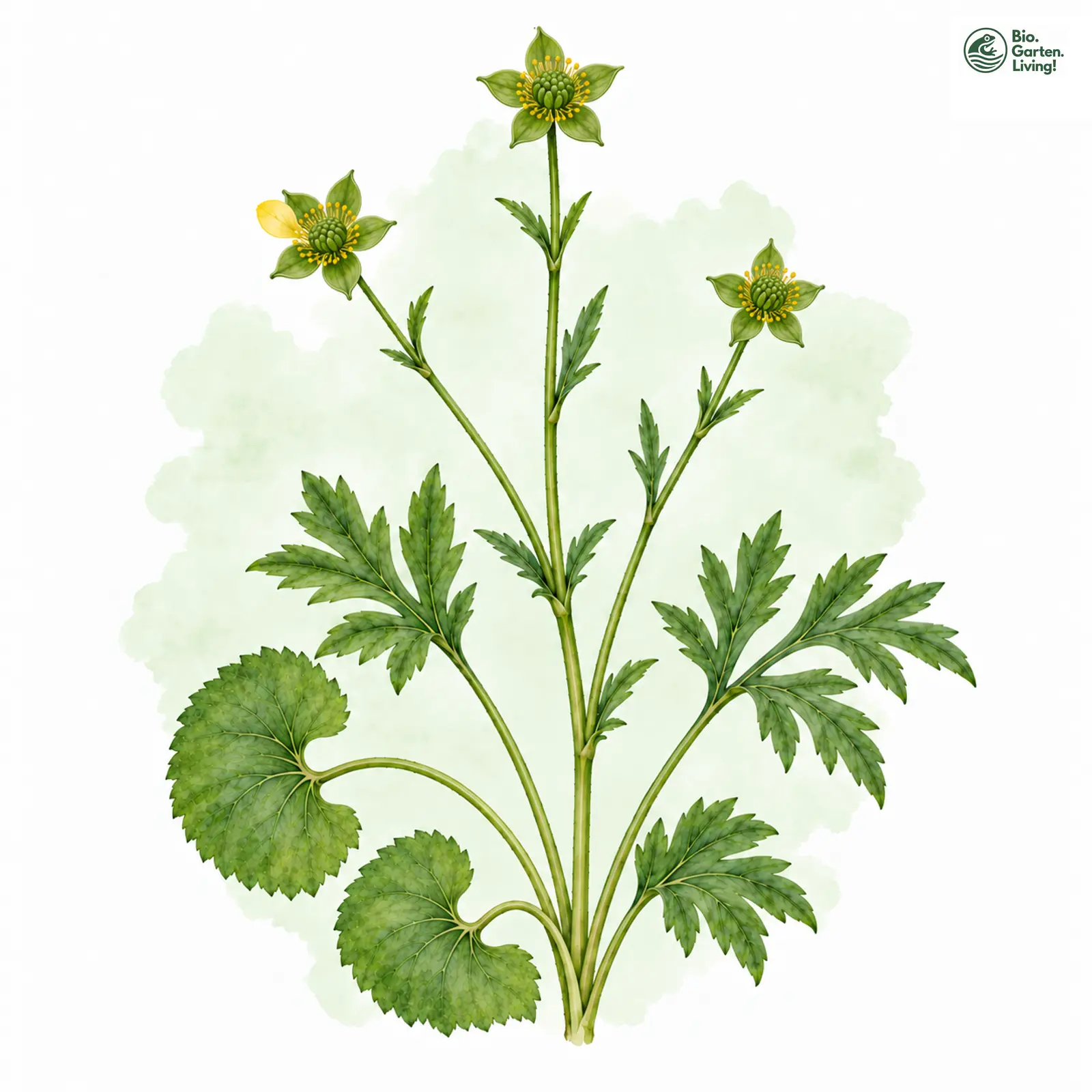 Aquarellzeichnung: Mond-Gold-Hahnenfuß (Ranunculus lunaris)