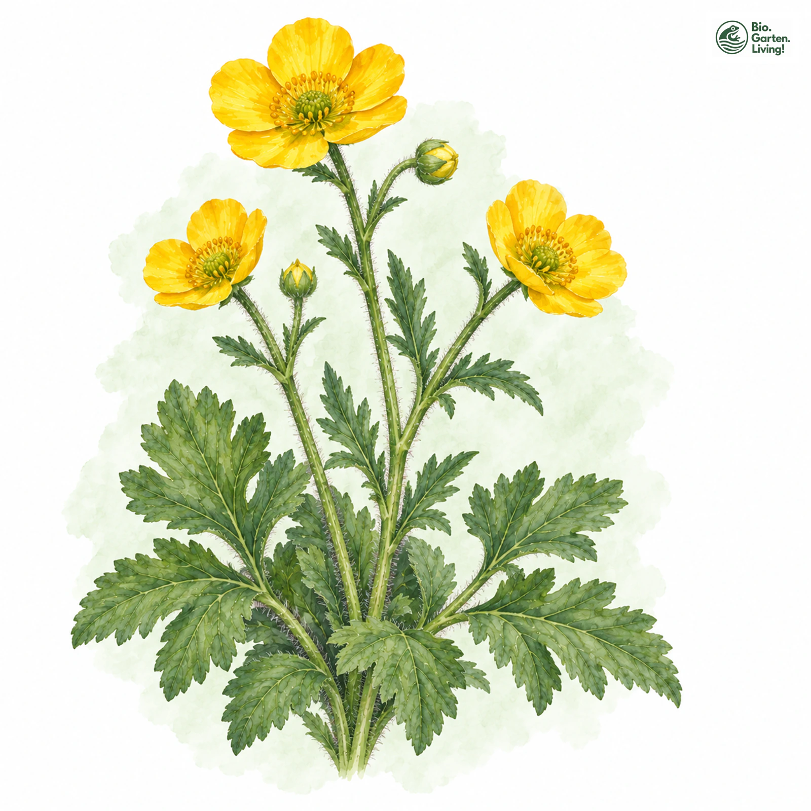 Aquarellzeichnung: Mergenthaler-Gold-Hahnenfuß (Ranunculus mergenthaleri)