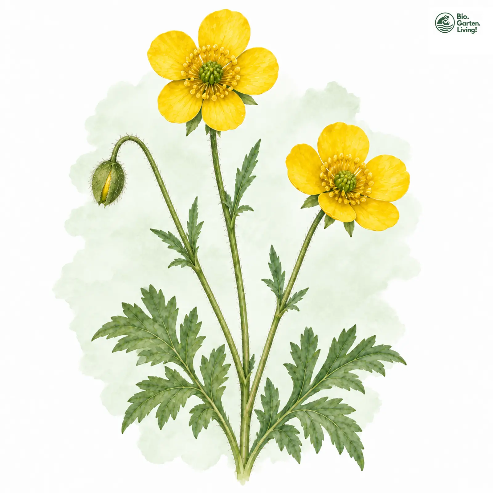 Aquarellzeichnung: Nicklès-Gold-Hahnenfuß (Ranunculus nicklesii)