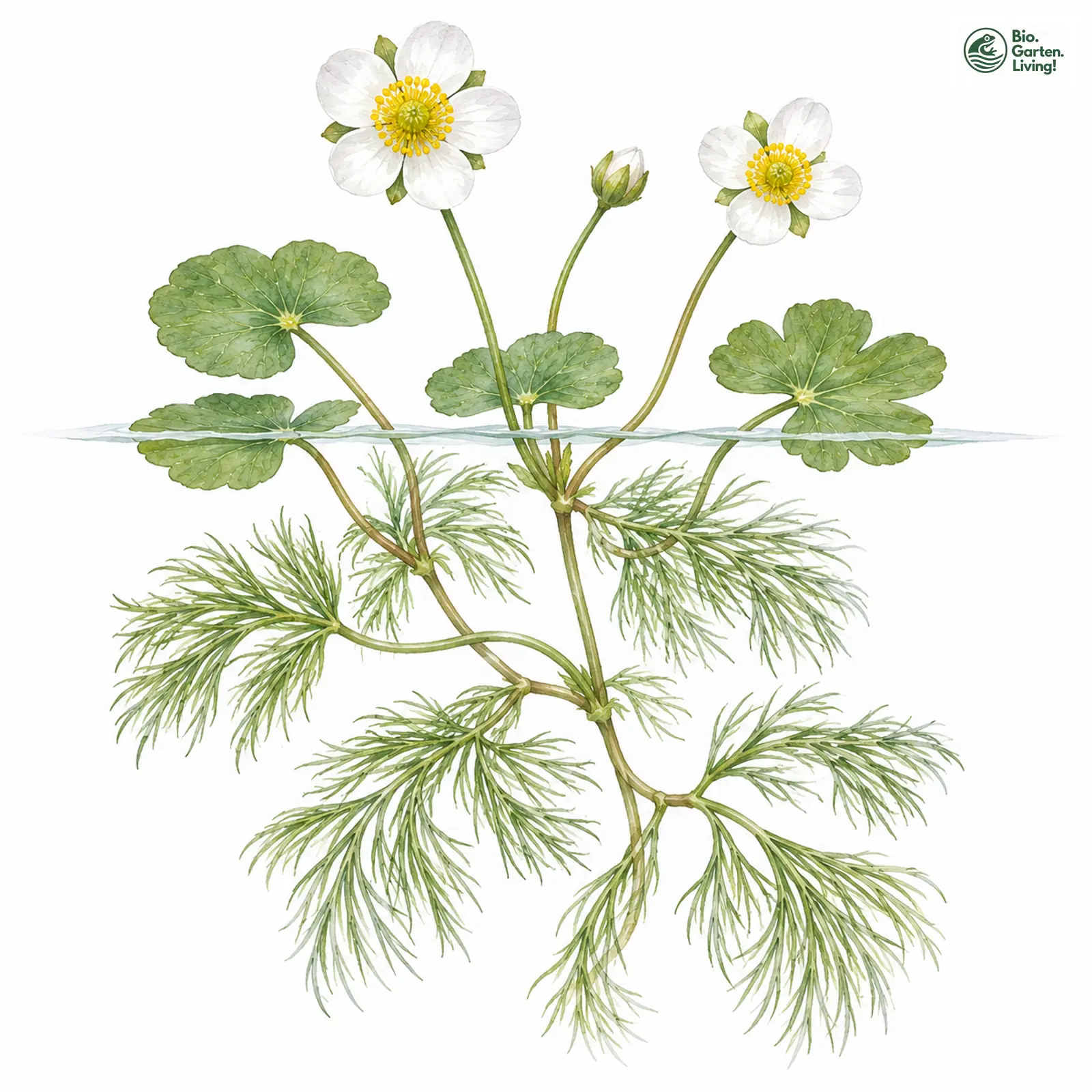 Aquarellzeichnung: Schild-Wasser-Hahnenfuß (Ranunculus peltatus (im weiteren Sinne))