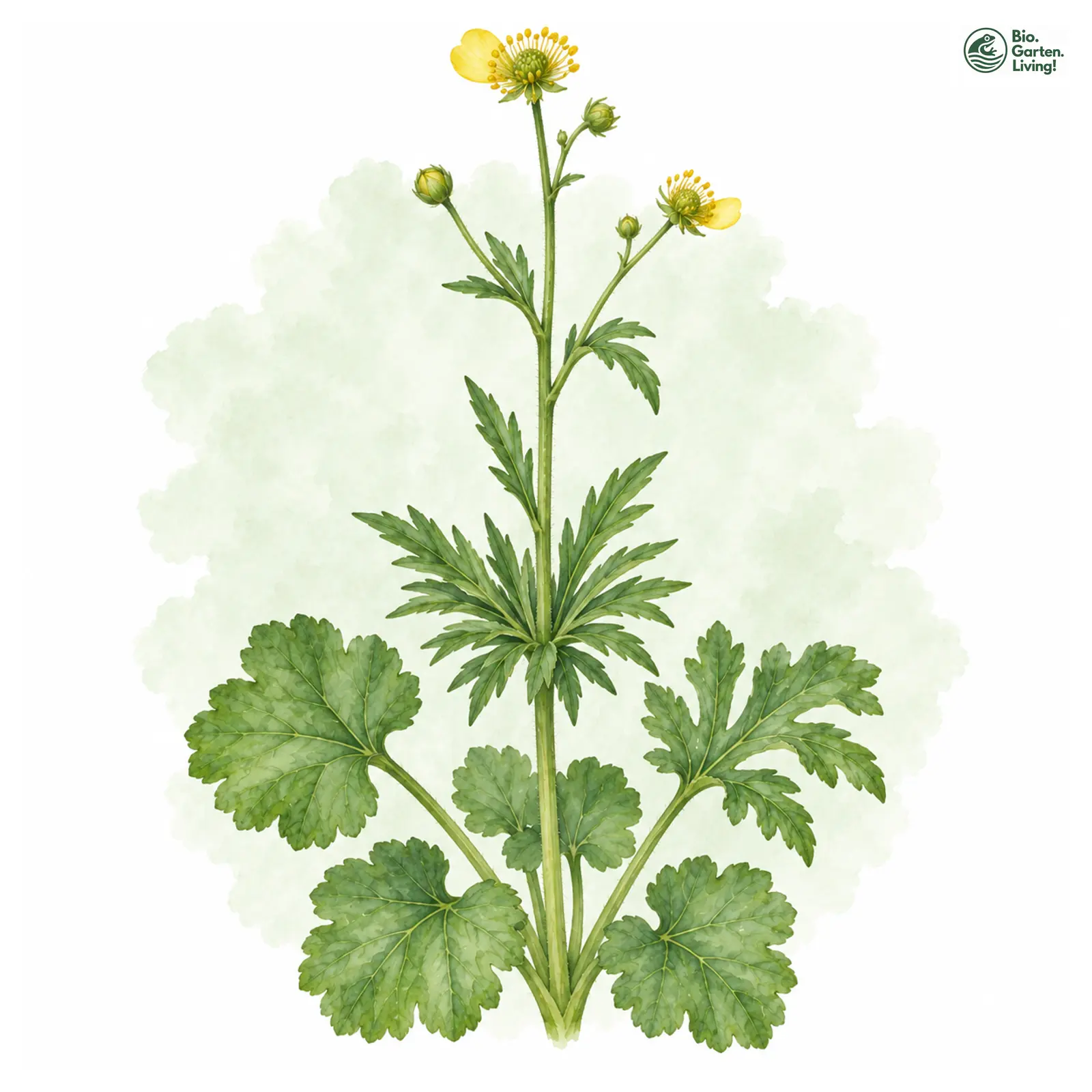 Aquarellzeichnung: Vollblättriger Gold-Hahnenfuß (Ranunculus pleiophyllus)