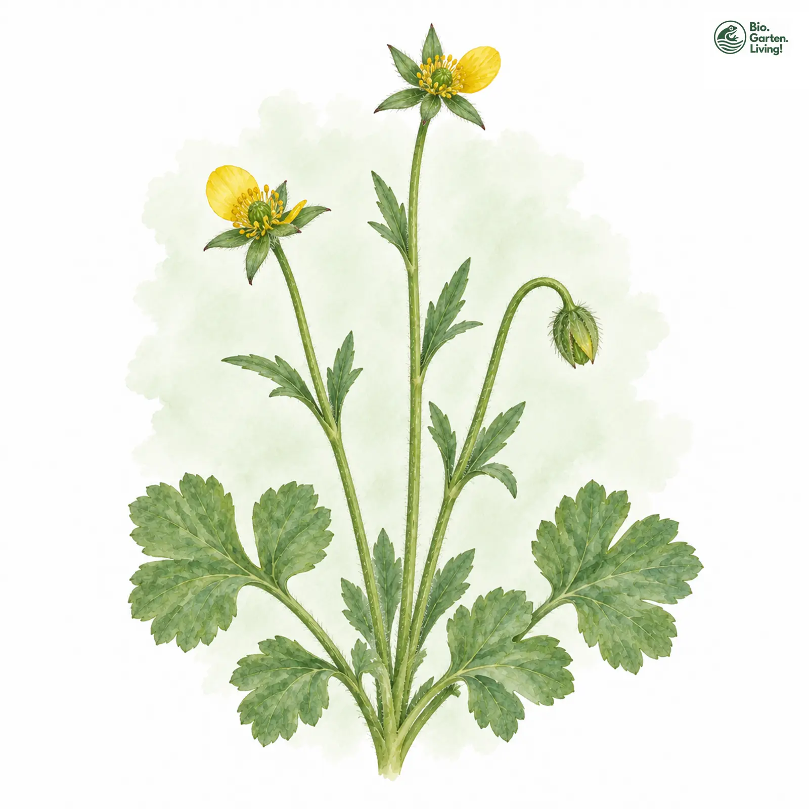 Aquarellzeichnung: Behaarter Gold-Hahnenfuß (Ranunculus puberulus)