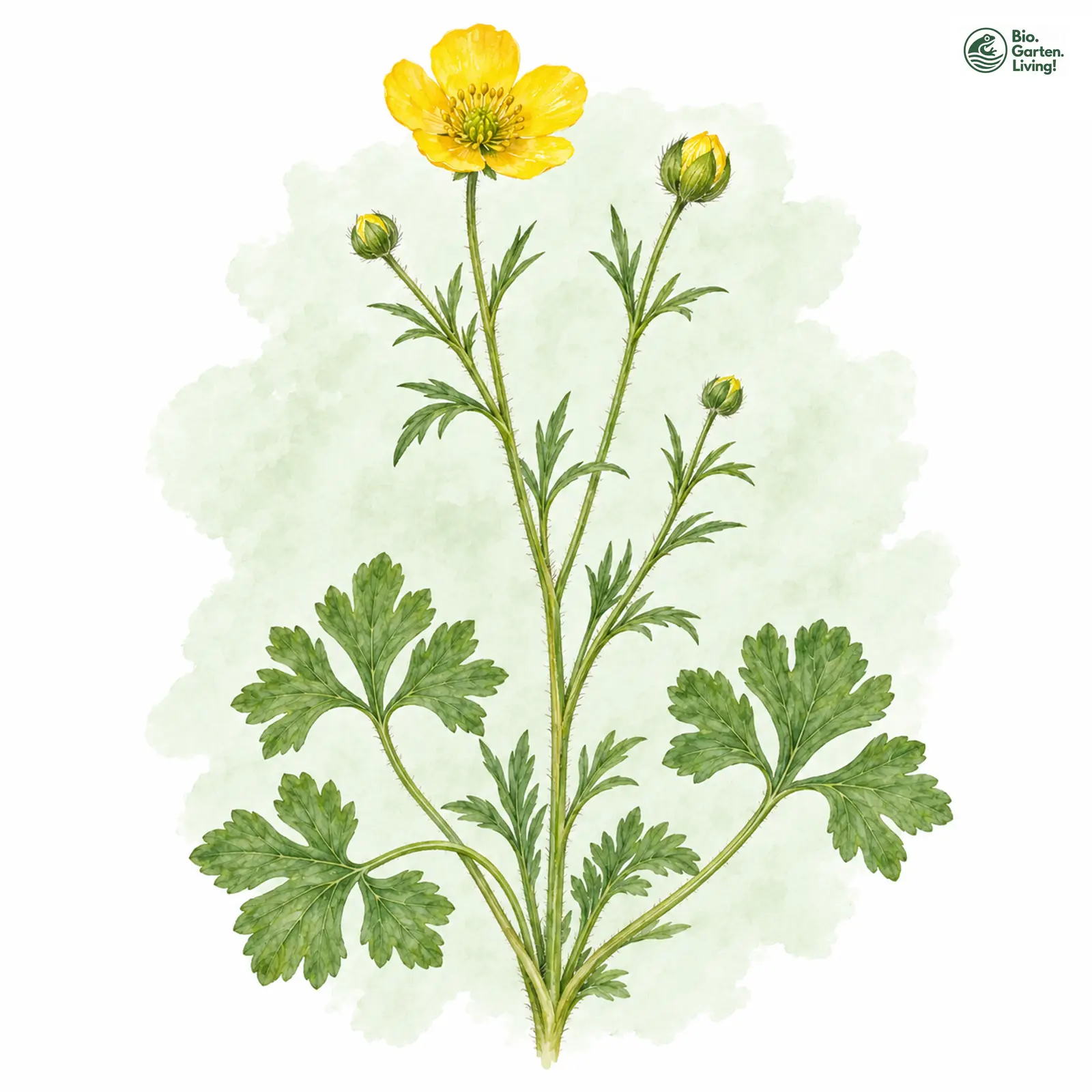 Aquarellzeichnung: Rundlicher Gold-Hahnenfuß (Ranunculus rotundatus)