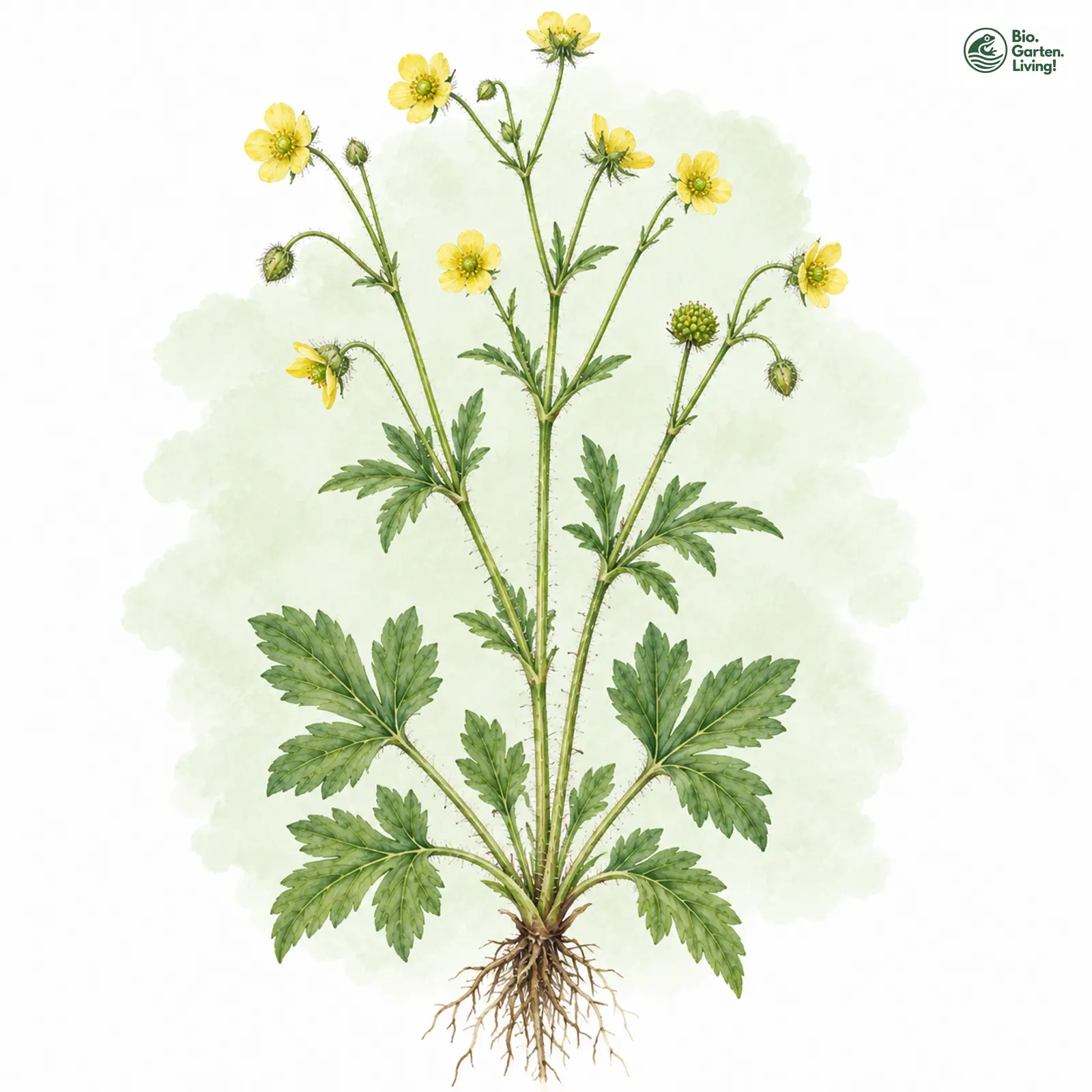 Aquarellzeichnung: Sardischer Hahnenfuß (Ranunculus sardous)
