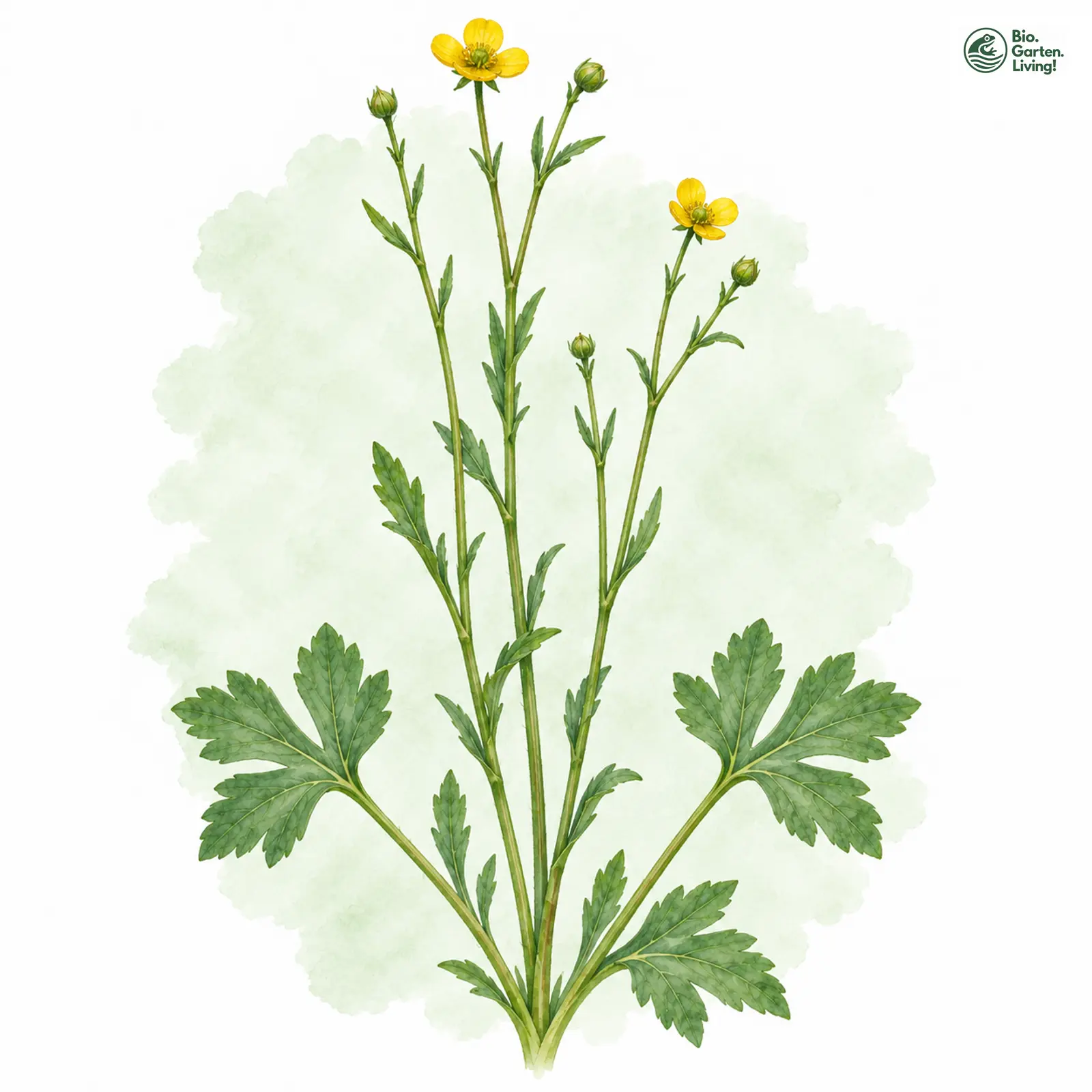 Aquarellzeichnung: Steilstängliger Gold-Hahnenfuß (Ranunculus stricticaulis)
