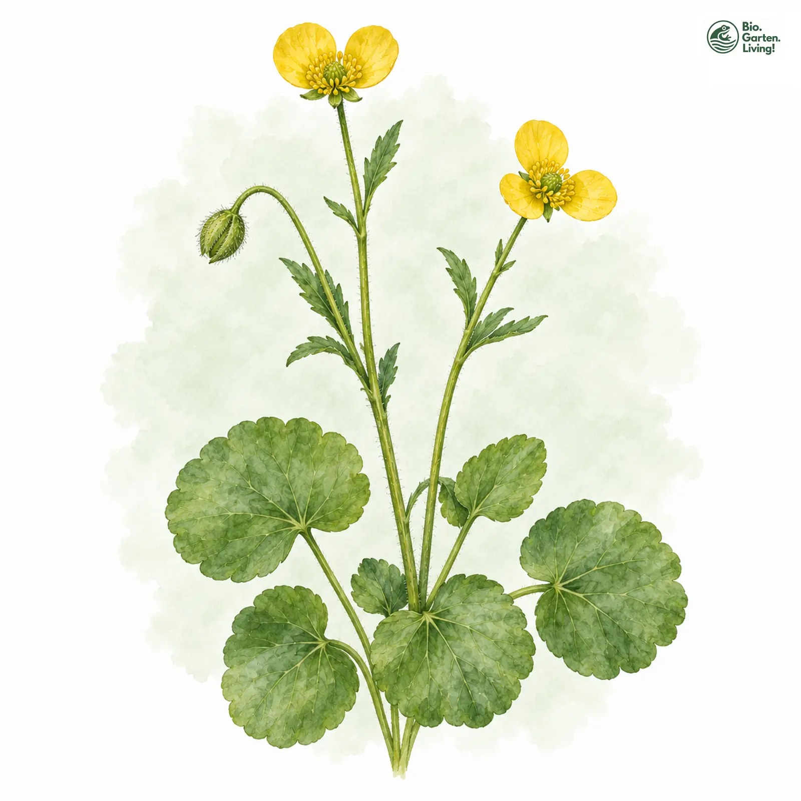 Aquarellzeichnung: Rundblättriger Gold-Hahnenfuß (Ranunculus suborbicularis)