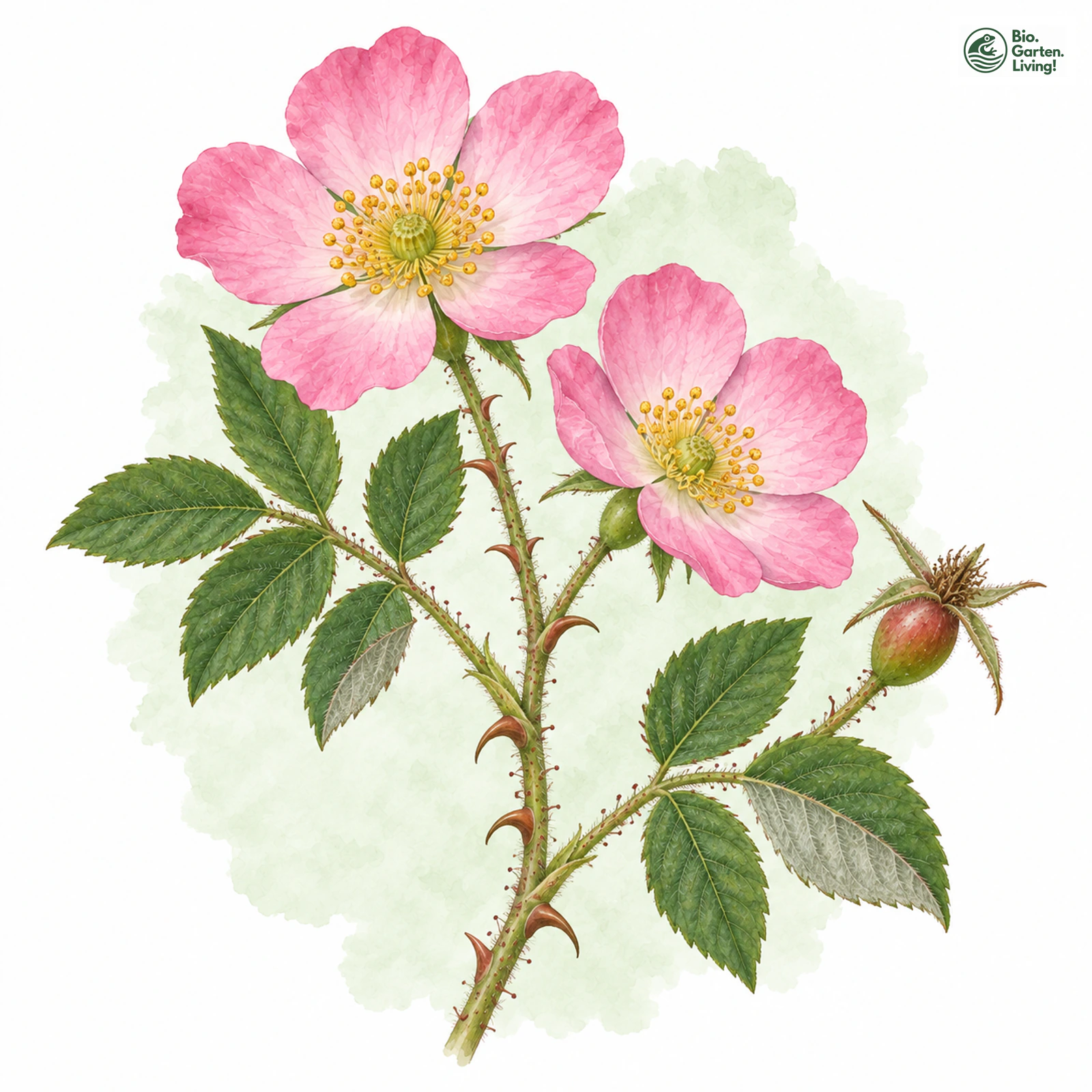 Aquarellzeichnung: Lederblättrige Rose (Rosa caesia (im engeren Sinne))