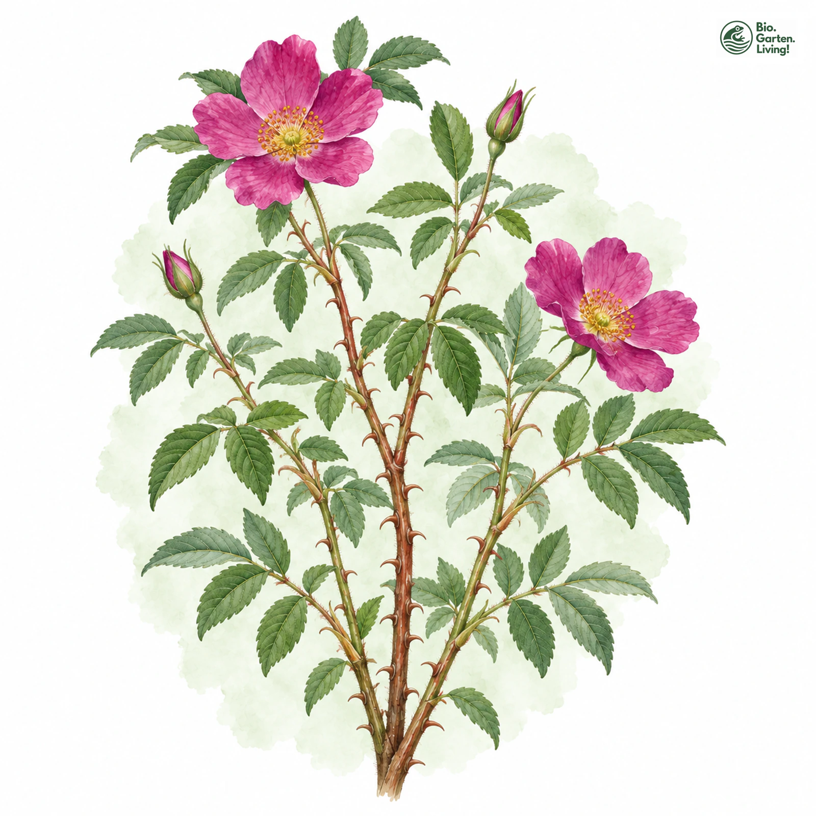 Aquarellzeichnung: Zimt-Rose (Rosa majalis)